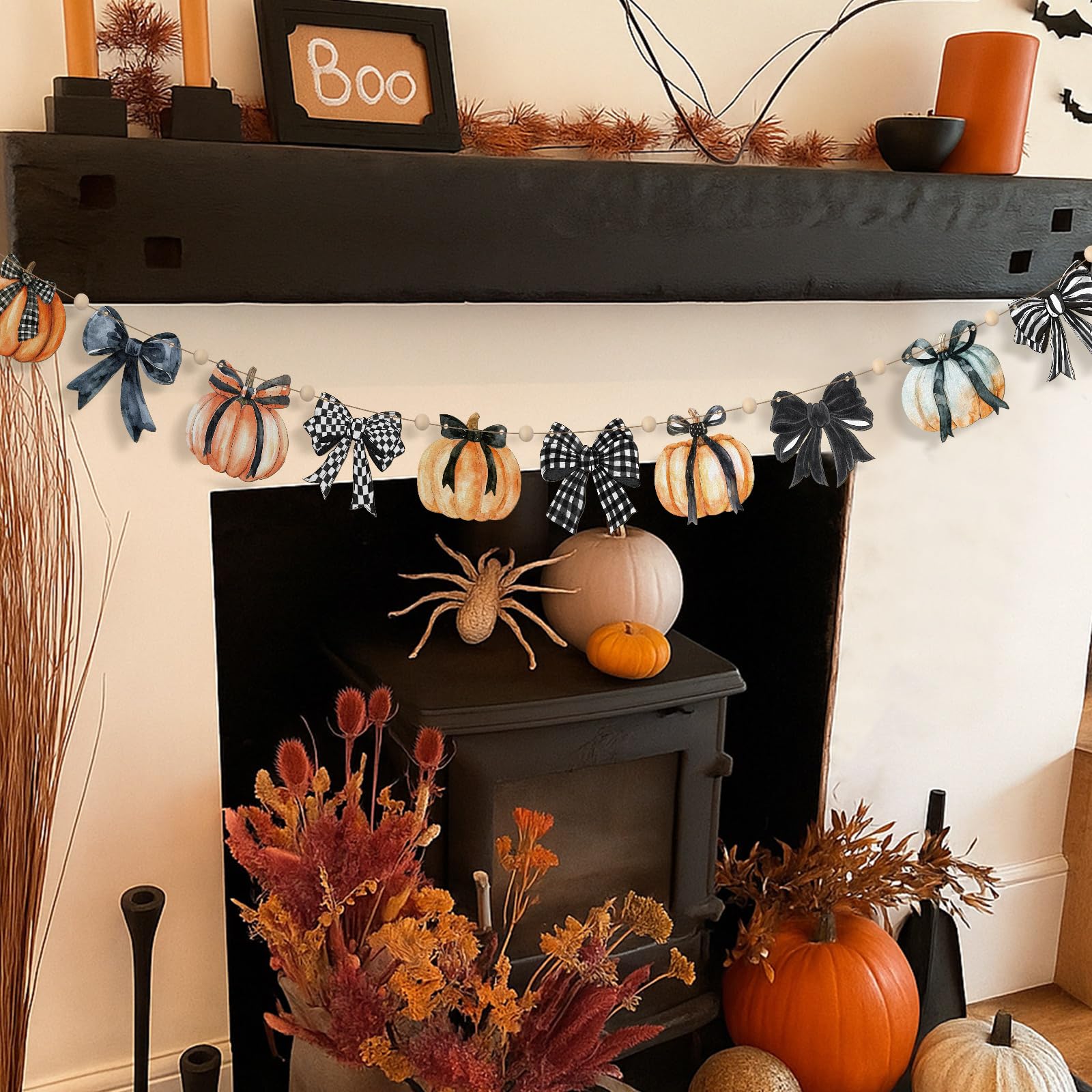 Cinnvoice 8.2 ft Fall Decoration for Home Plaid Wooden Pumpkin Garland Halloween Black Bow Pumpkin Banner Rustic Farmhouse Wood 