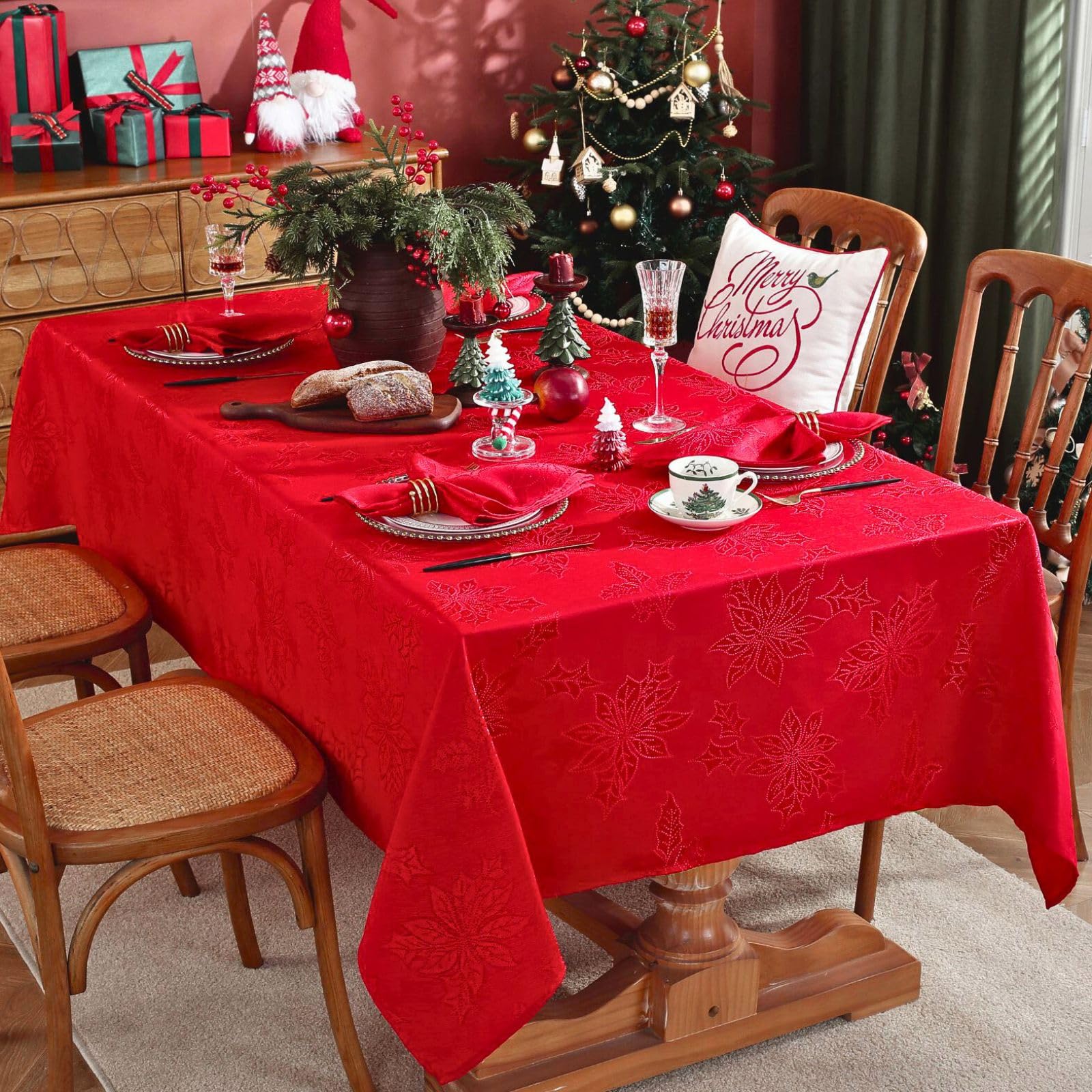 Honellaty Christmas Poinsettia Tablecloth Rectangle, 60 X 102 Inch Jacquard Washable Polyester Durable Spillproof Anti-Wrinkle D