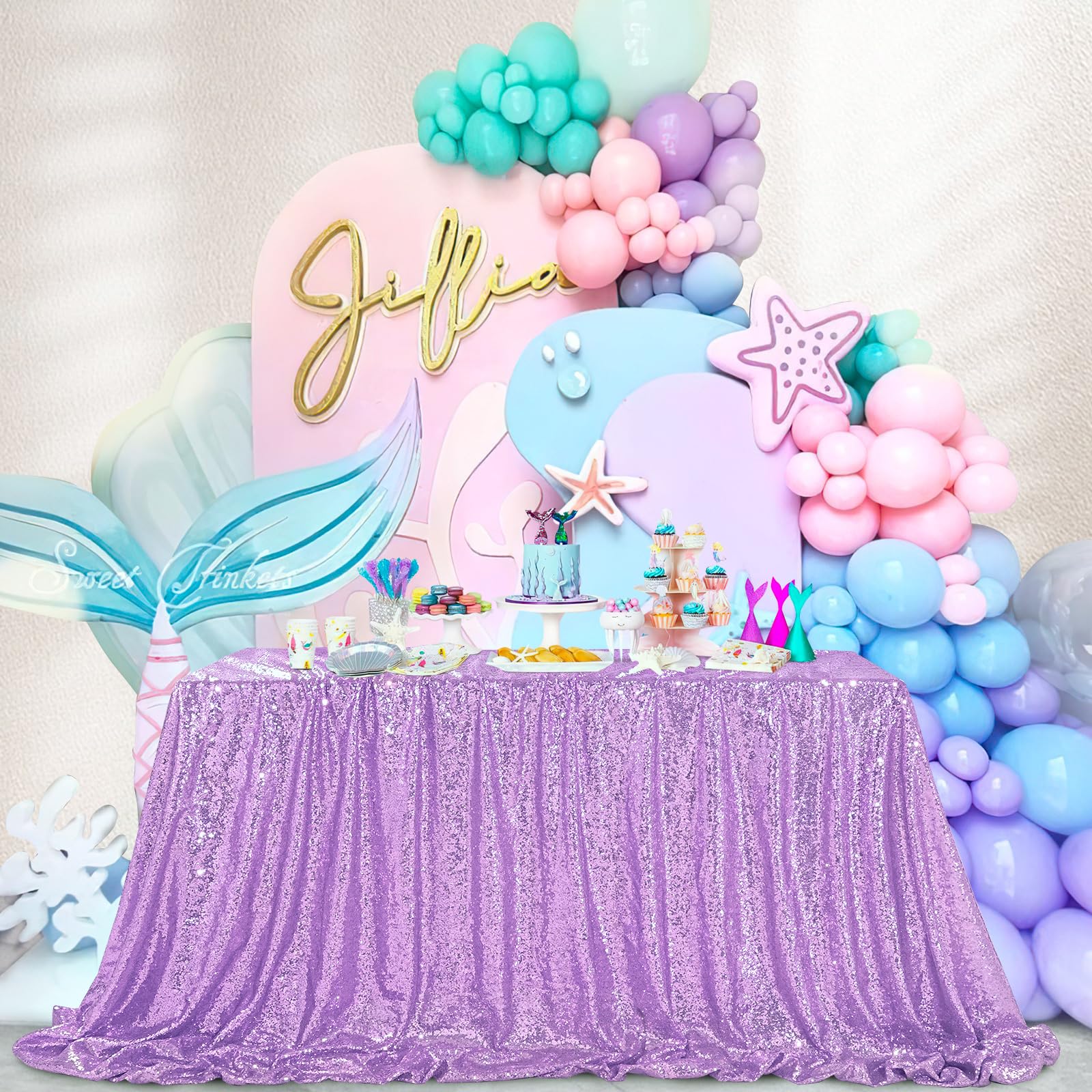 Queendream Lilac Sequin Tablecloth 60X102 Mermaid Tablecloth Lavender Glitter Tablecloth For Wedding Birthday Baby Shower Me