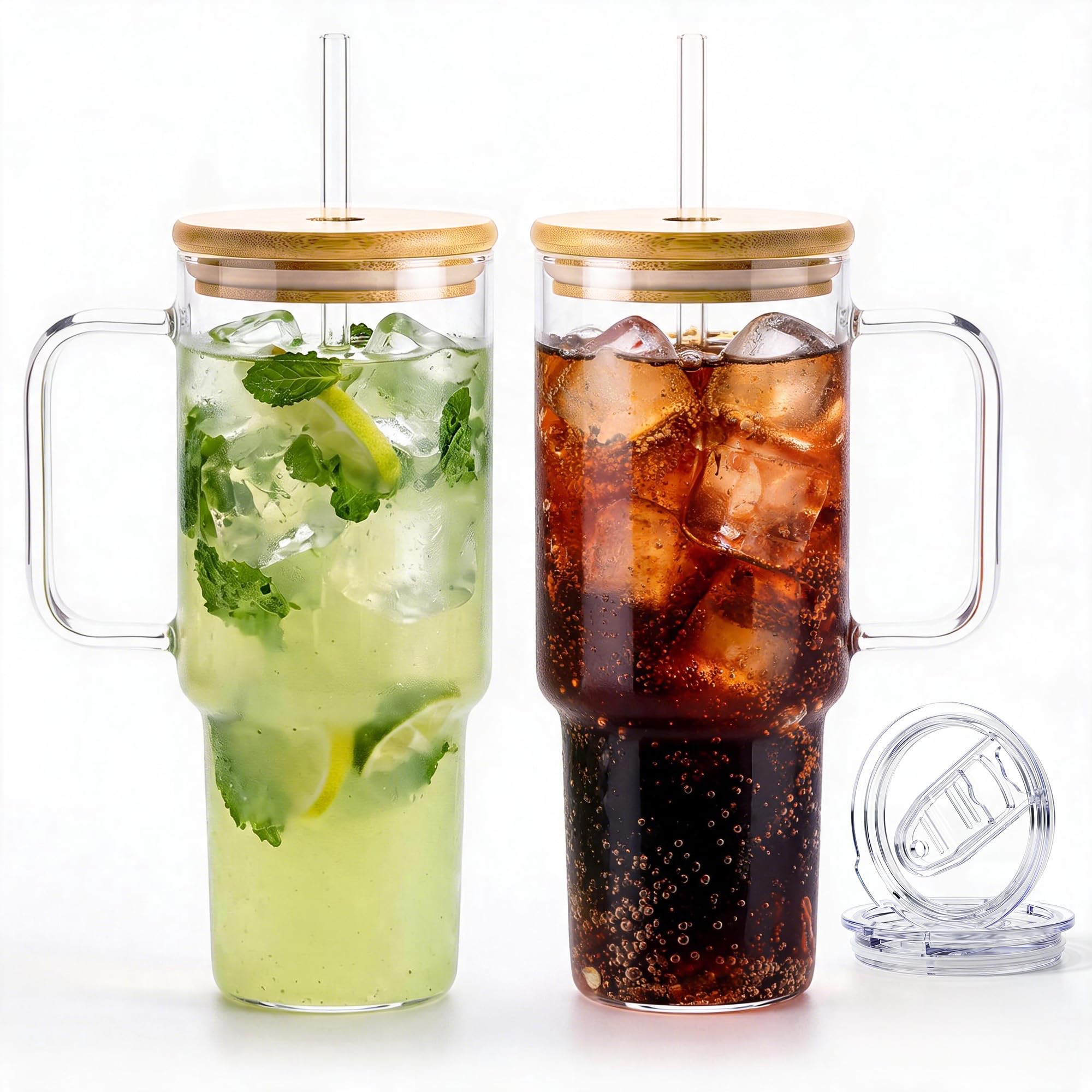 BGRAING Glass Tumbler with Straw and Lid 40 oz, with Bamboo Lid & Clear Lid