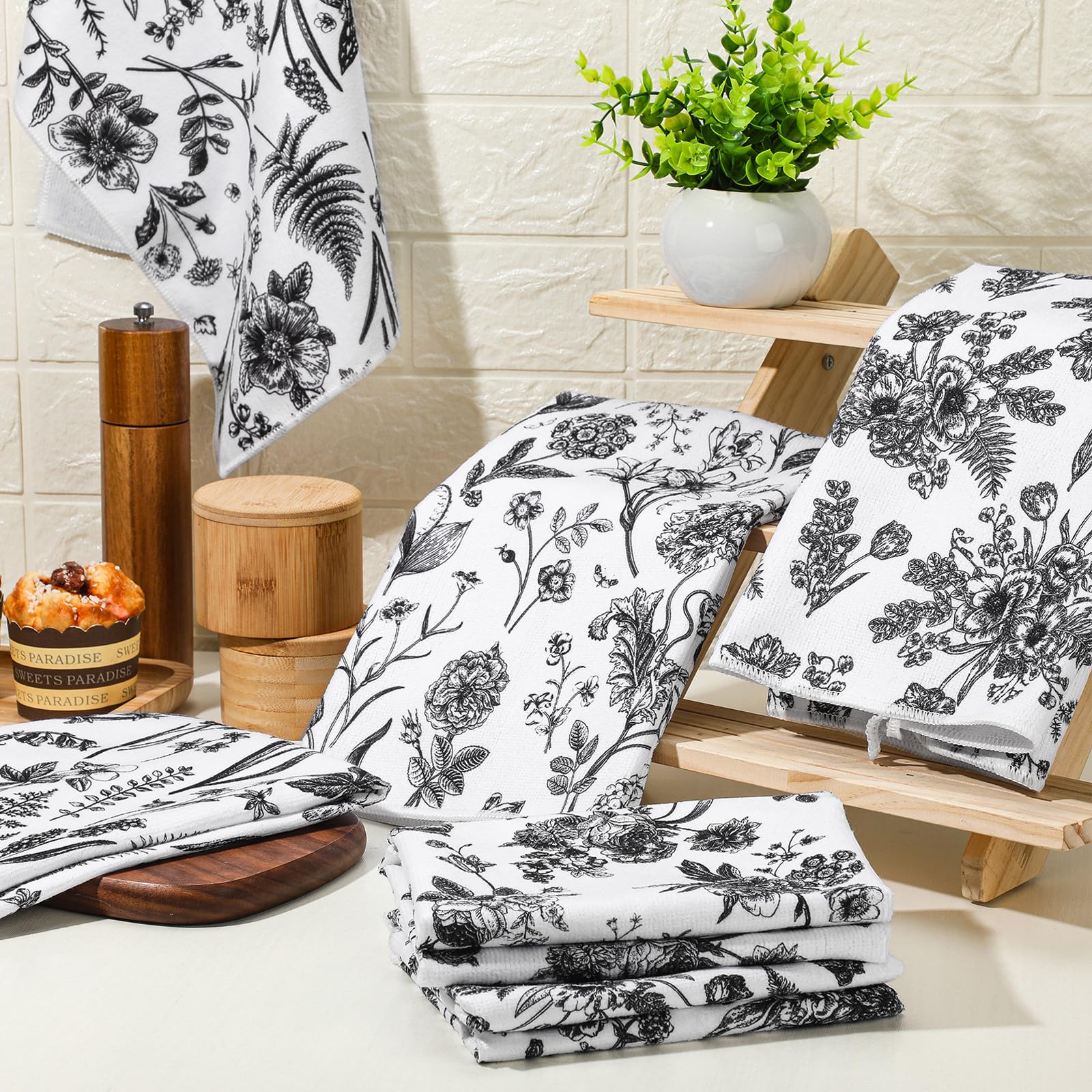 Boyiee Set Of 6 Vintage Floral Kitchen Towels Black Plants Dish Towels White Rustic Tea Towels Absorbent Flower Dish Towels 24''