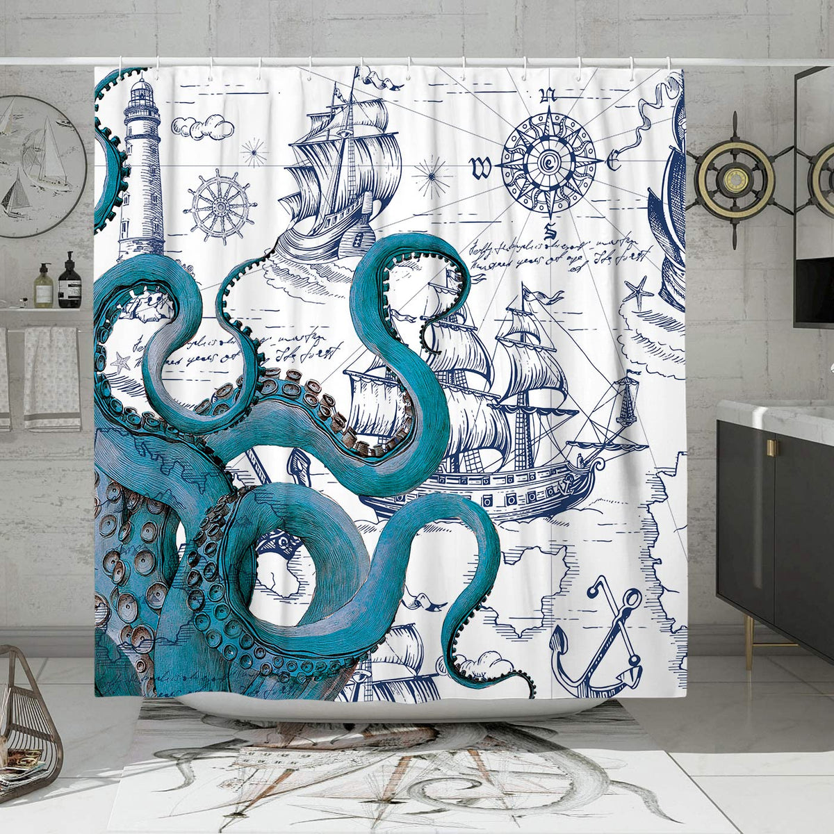 Desihom Blue Nautical Octopus Tall Shower Curtain Set, Funny Ocean Kraken Shower Curtains For Bathroom, Beach Coastal Pirate Map