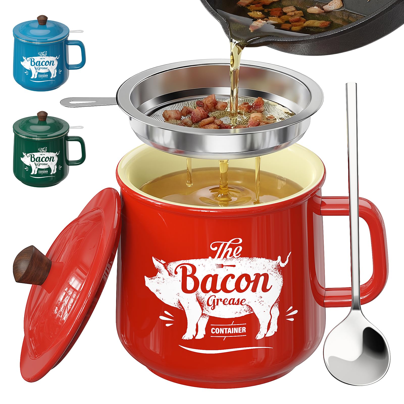 PGYARD Ceramic Bacon Grease Saver With Strainer, 23OZ Farmhouse Container