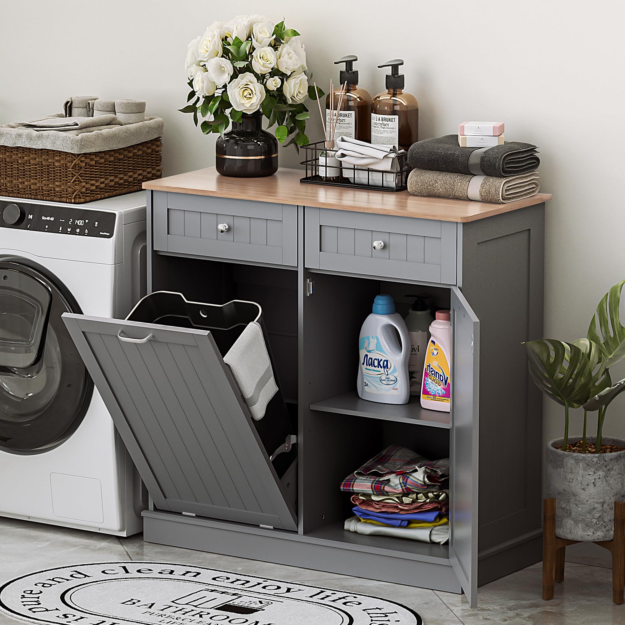 Spurgehom Dual Door Tilt Out Trash Can Cabinet,Laundry Hamper Trash Cabinet Kitchen Waste Bins Pull Out With Hideaway Drawer,13