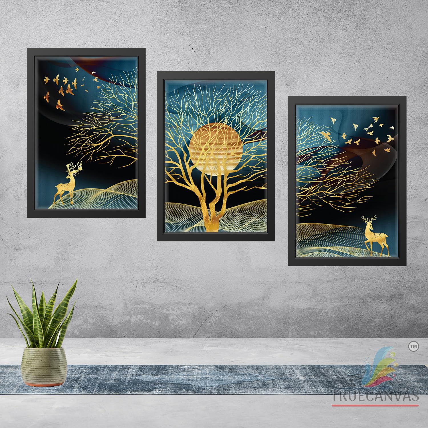 TRUECANVAS Abstract Painting Set of 3 Wall Hanging Canvas Print Framed for Home, Living Room Gallery & Office, Black, Size - 13.