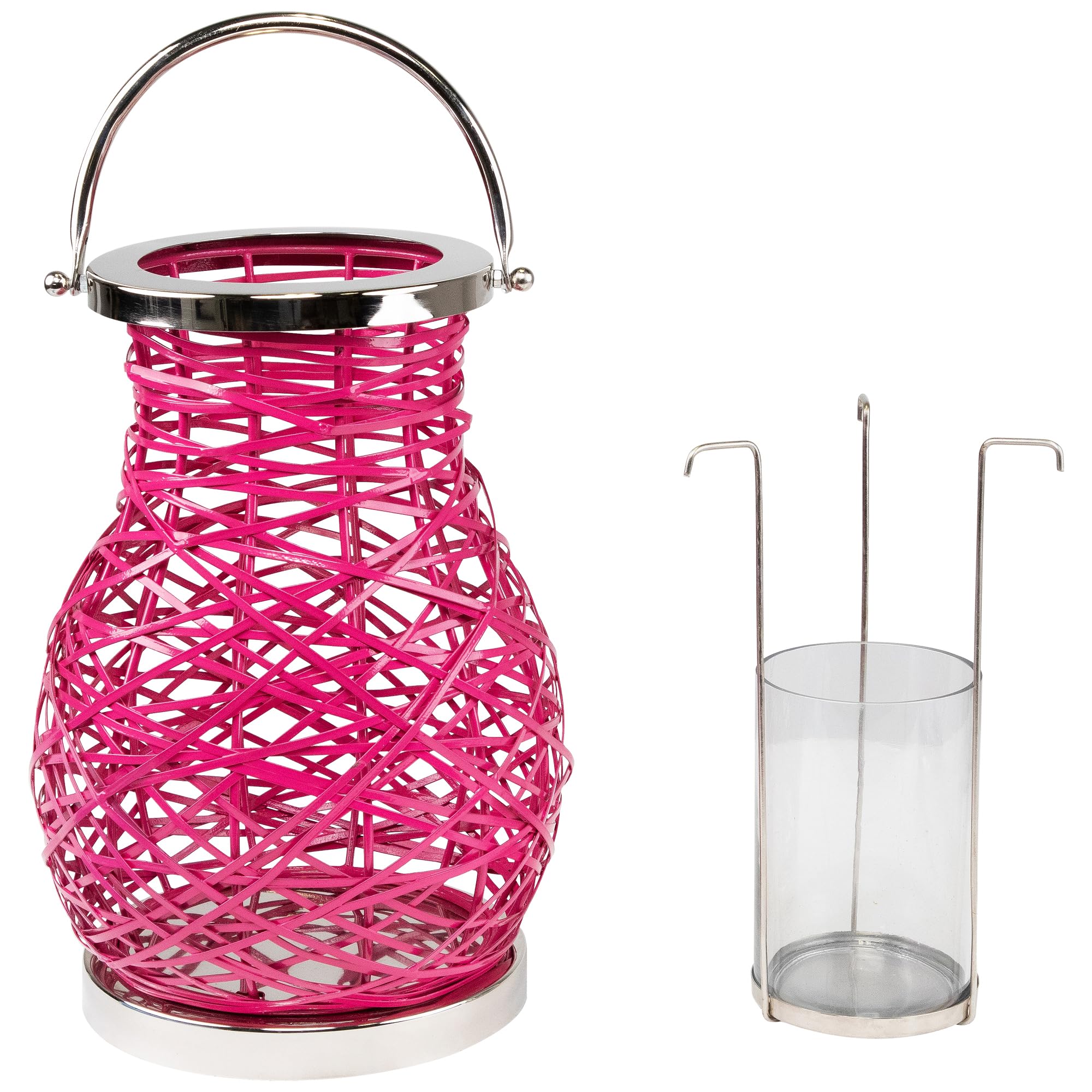 Northlight 13.5 Modern Fuchsia Pink Decorative Woven Iron Pillar Candle Lantern with Glass Hurricane