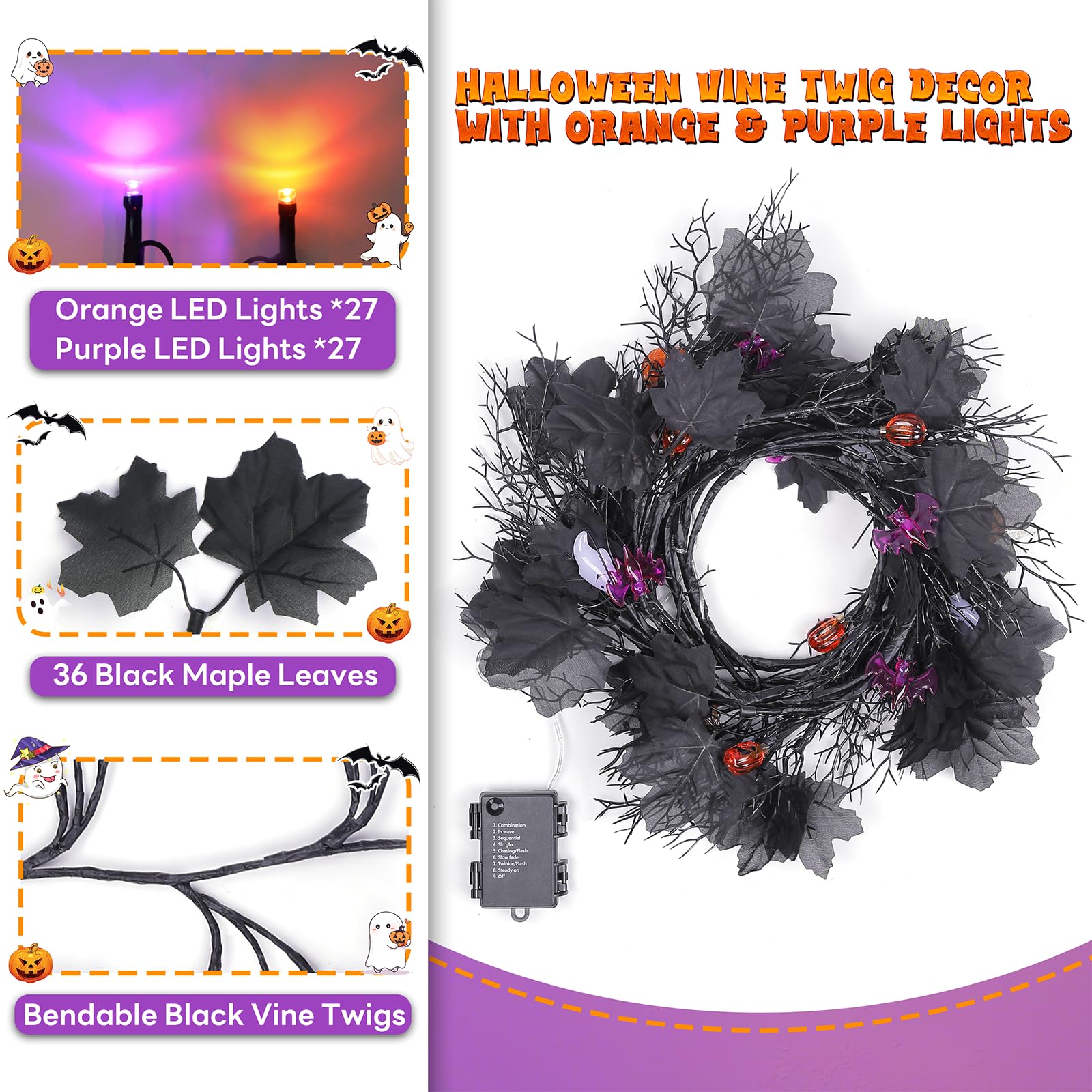 kuaima Halloween Light up Garland with 54 Purple and Orange LED Lights, 6.56 FT Lighted Willow Vine Twig Battery Operated for In