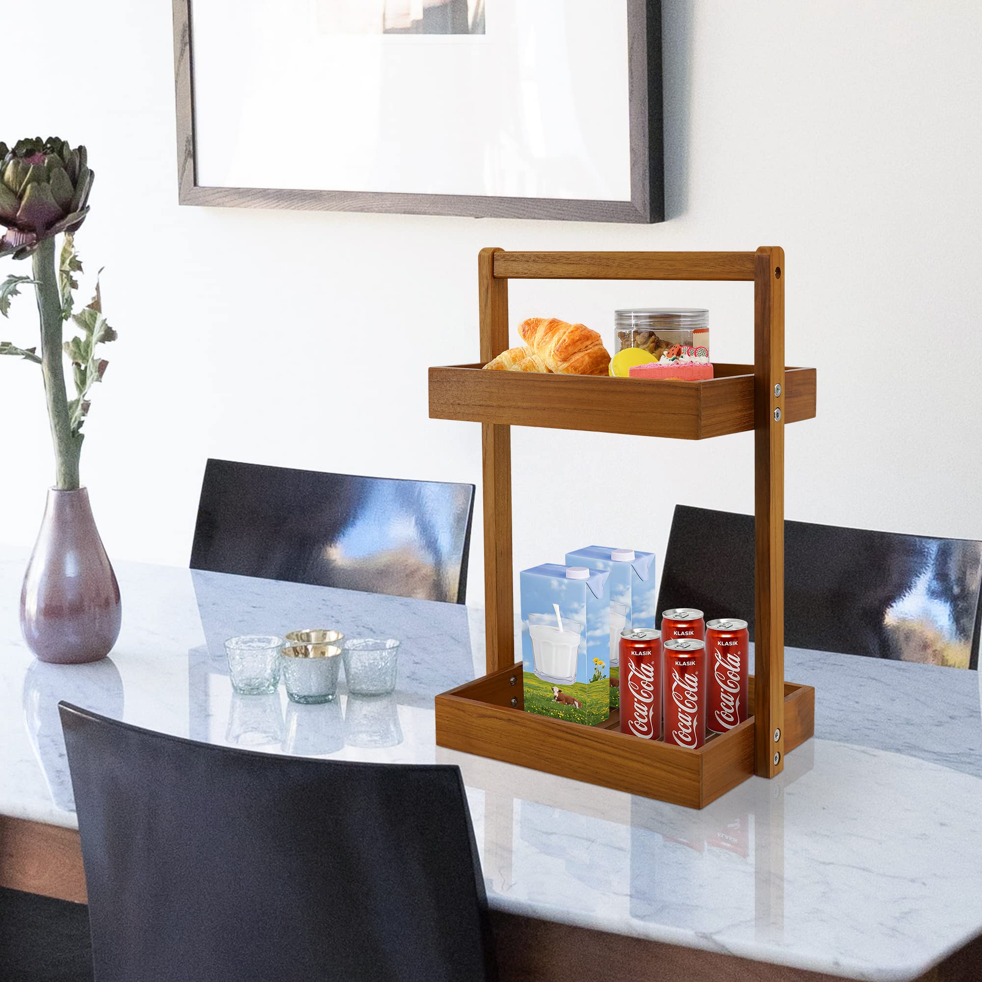 Utoplike Teak Wood Shower Caddy Corner, 2 Tier Bathroom Organizer Countertop, Standing Shower Rack With Handle, Stand Up Shower