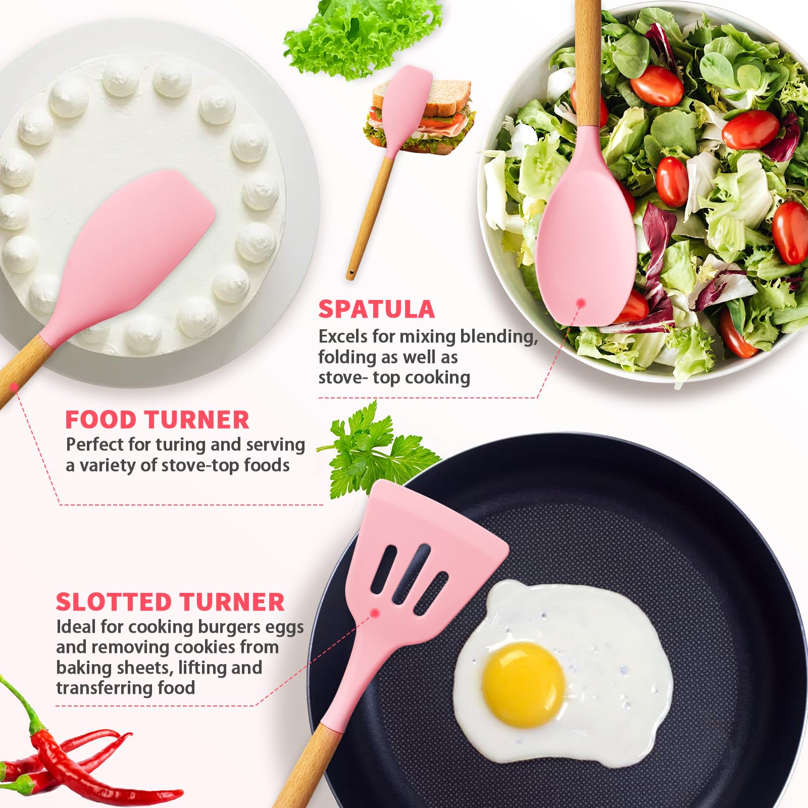 Caliamary Silicone Kitchen Utensil Set, 11 Pieces Cooking Utensil With Wooden Handles, Utensil Holder For Nonstick Cookware, Spo