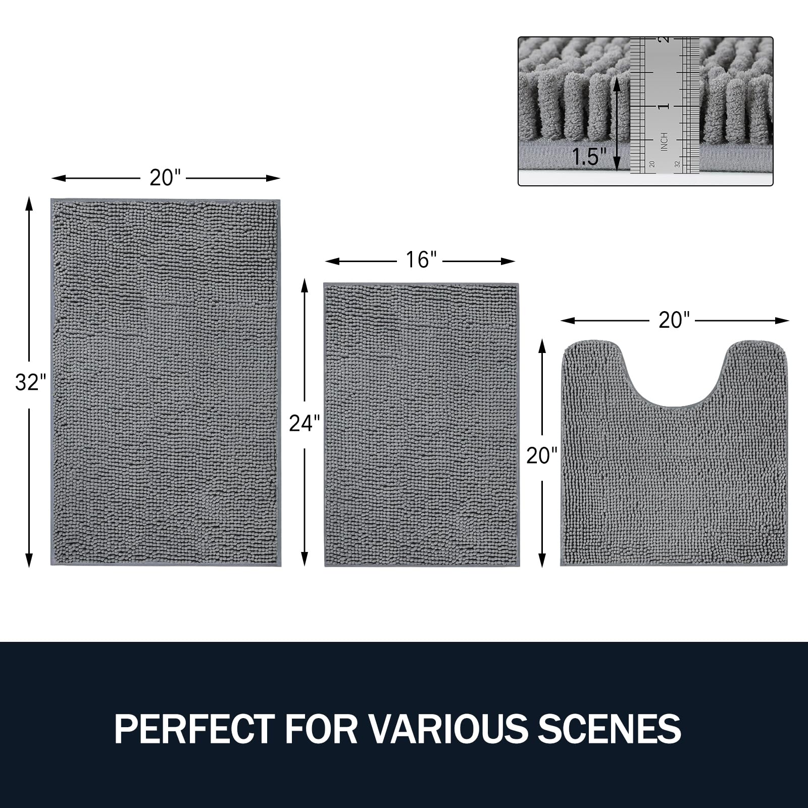 Linla 3 Pieces Bathroom Rug Set, Absorbent Non Slip Chenille Bath Mat, Thick Plush Chenille Carpet Mats Set,Washable Dry Quickly
