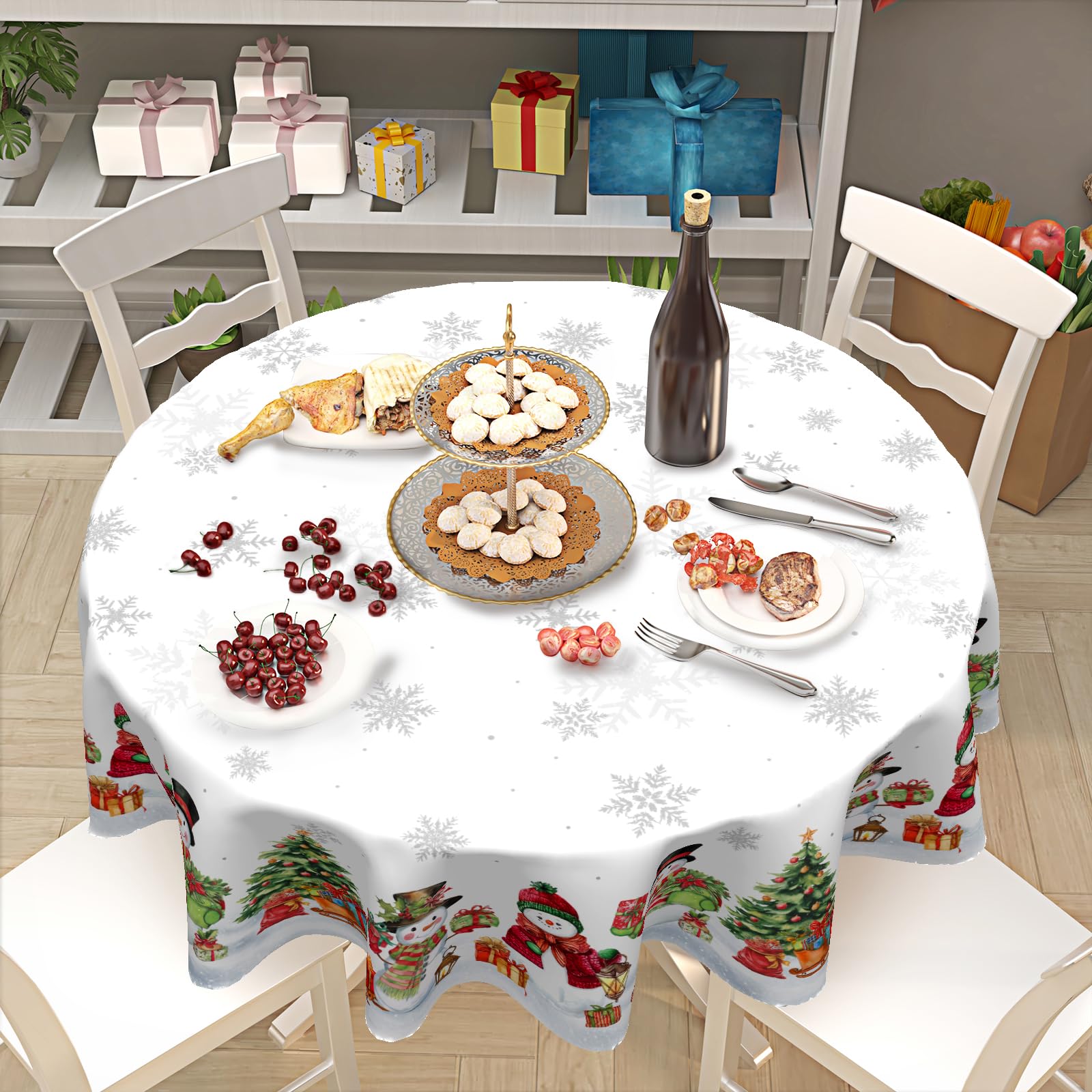 ABSOP Christmas Snowflake Round Tablecloth White Tablecloth 60 Inch Xmas Snowman Pattern Circle Table Cloth Winter Holiday Table