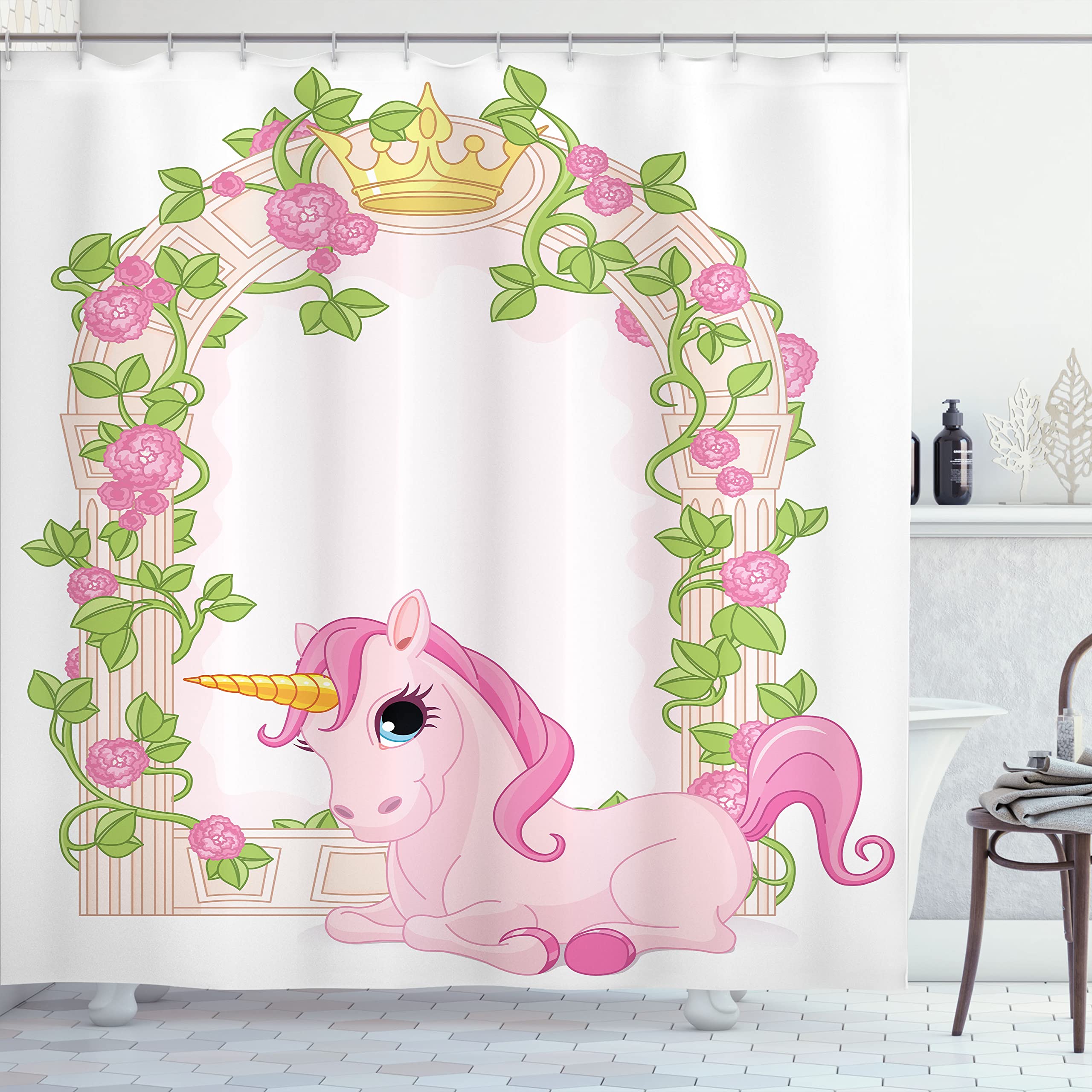 Ambesonne Feminine Shower Curtain, Romantic Floral Arch Frame With Roses Leaves Unicorn Magic Illustration, Cloth Fabric Bathroo