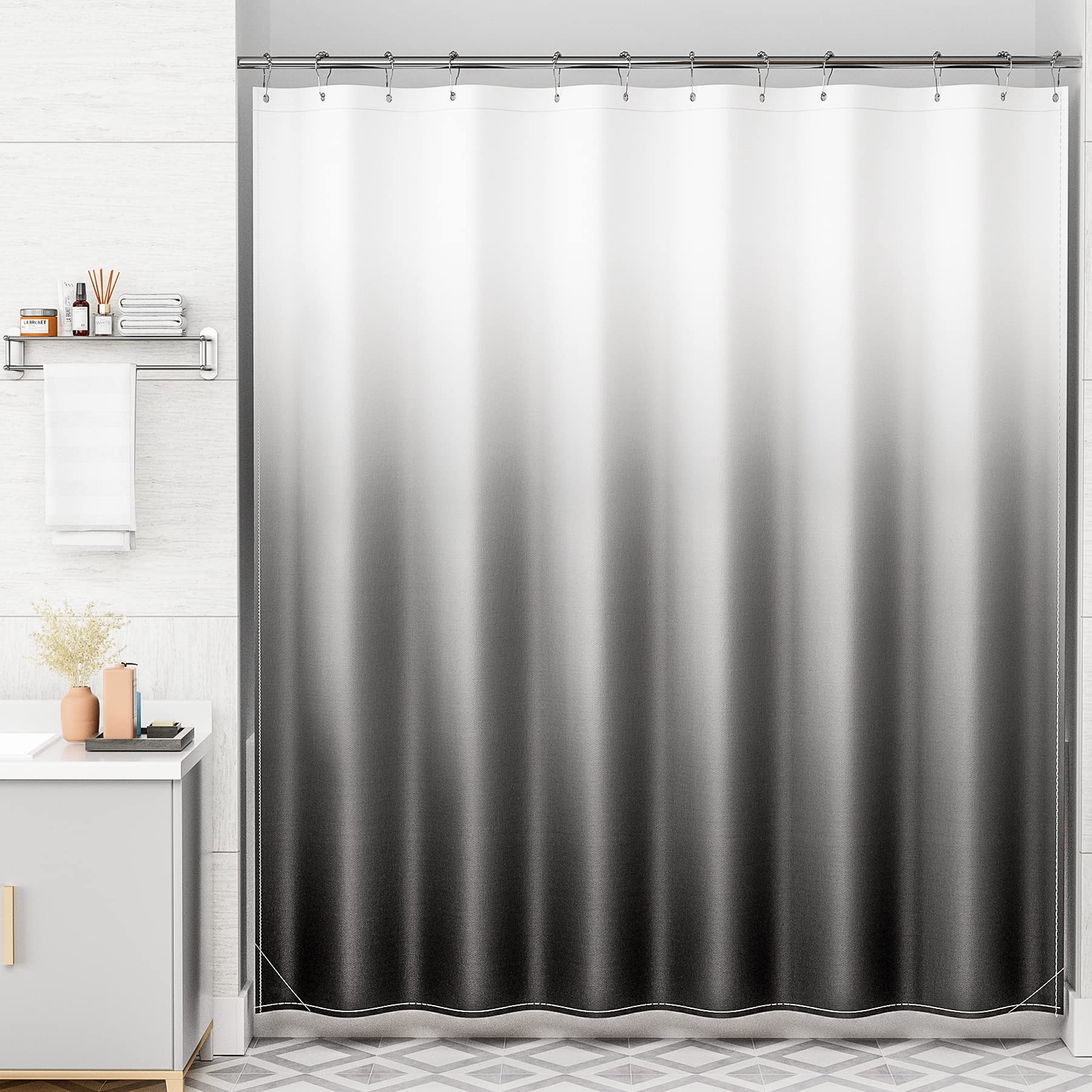 Amazerbath Shower Curtain Sets, Cloth Ombre Black Shower Curtain With 12 Shower Curtain Hooks, Washable Fabric Black And White S