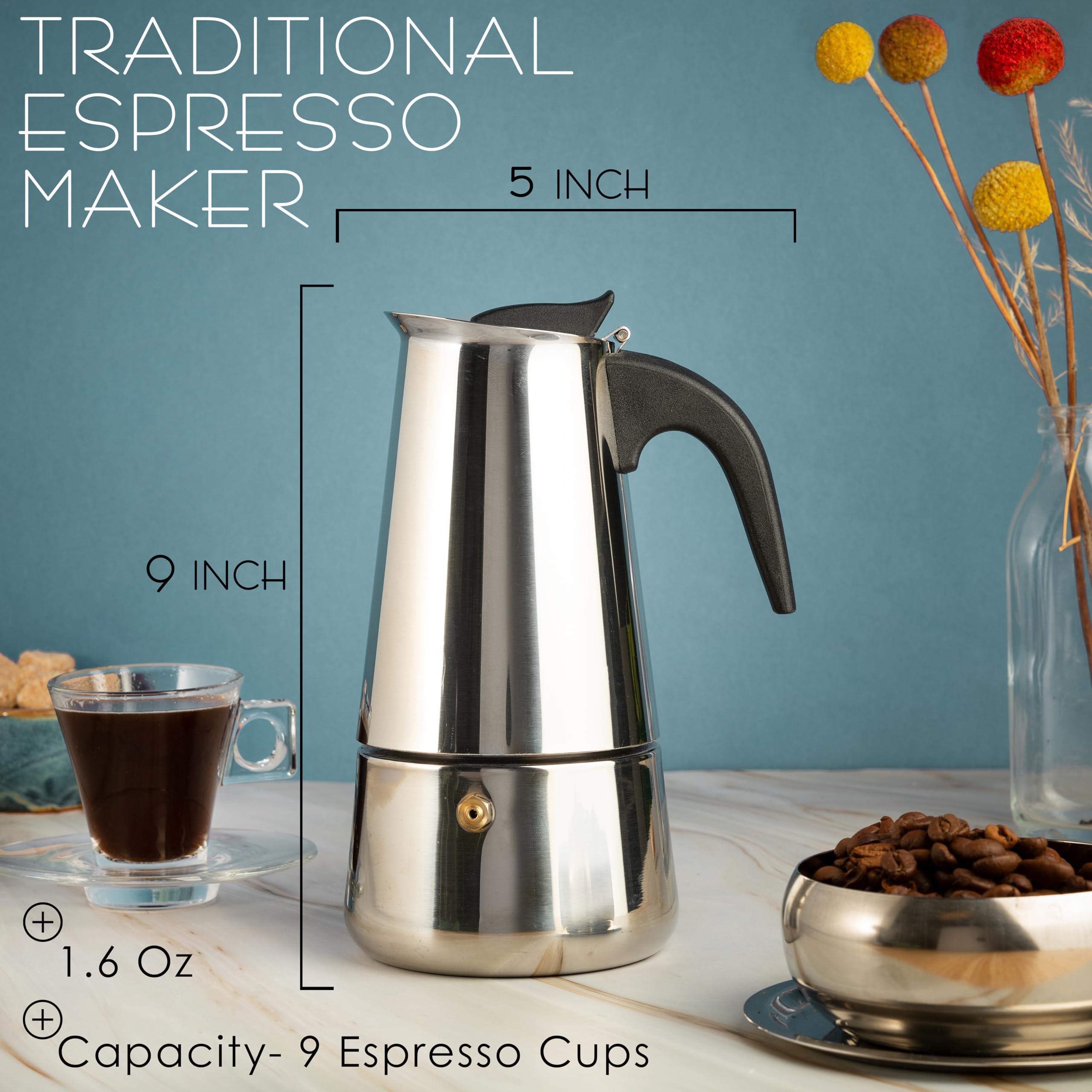 Mixpresso 9 Cup Greca Stovetop Espresso Maker 450Ml/15Oz, Moka Pot With Coffee Percolator Design, Stainless Steel Stove Top Coff