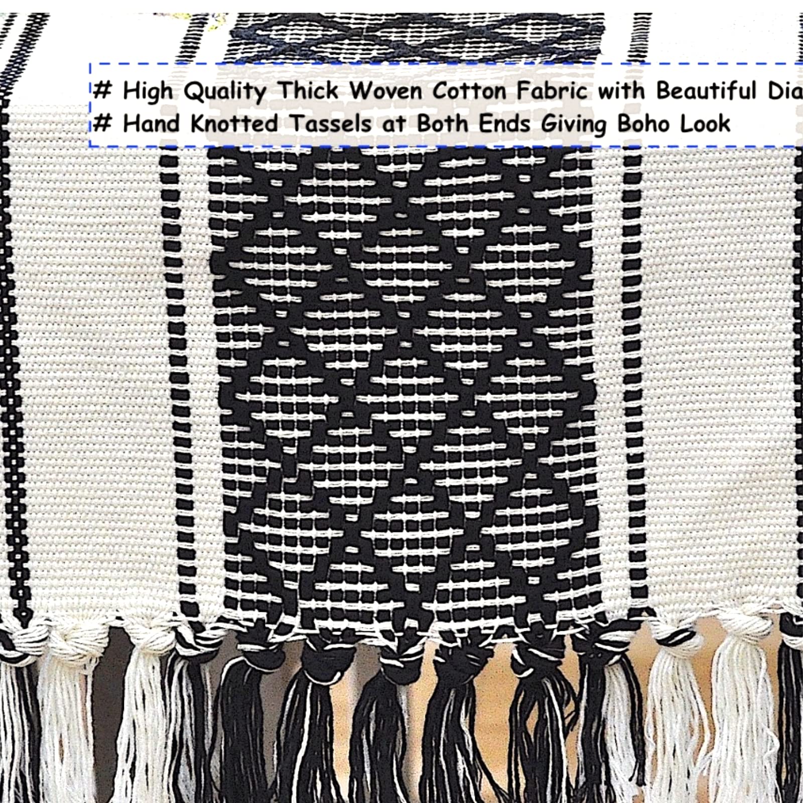 Oveesha Boho Short Coffee Table Runner With Tassels 14 X 48 Inches, Black & Cream/Woven Washable Dresser Scarf And Topper For Be