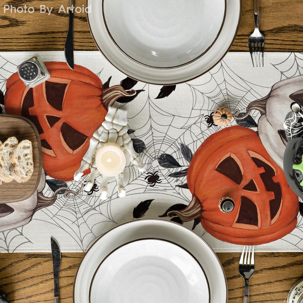 Artoid Mode Pumpkins Spider Web Halloween Table Runner, Seasonal Fall Kitchen Dining Table Decoration For Home Party Decor 13X12