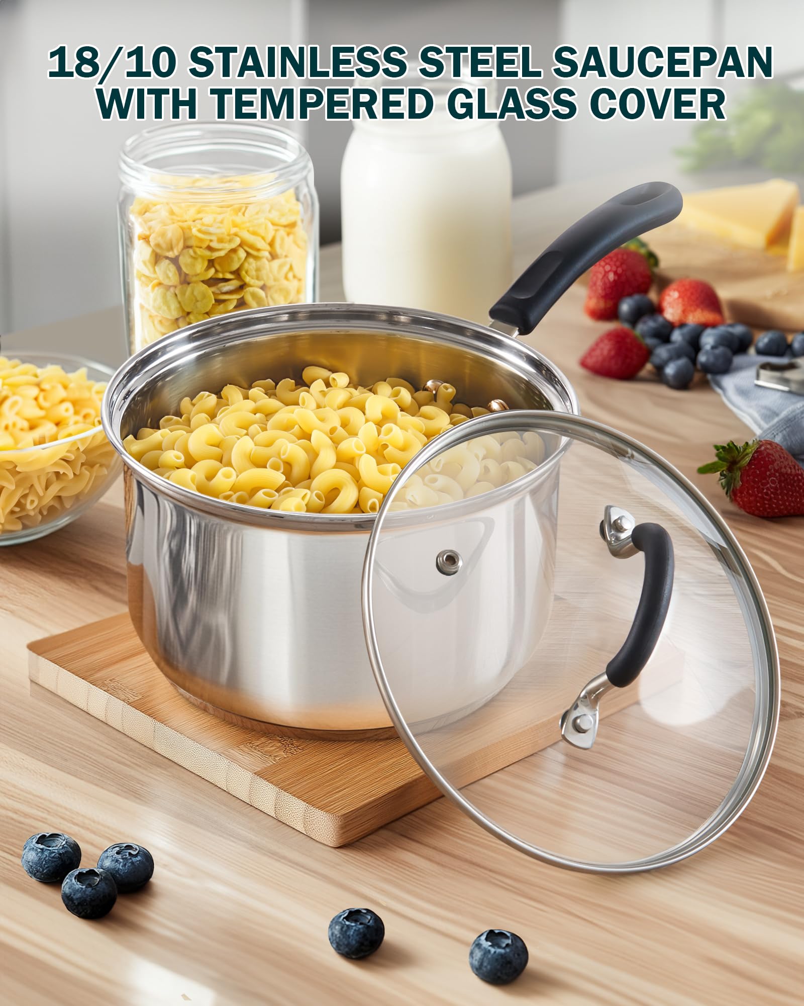 Cook N Home Saucepan Set Sauce Pot With Lid 1Qt And 2Qt Stainless Steel, Stay Cool Handle, Silver