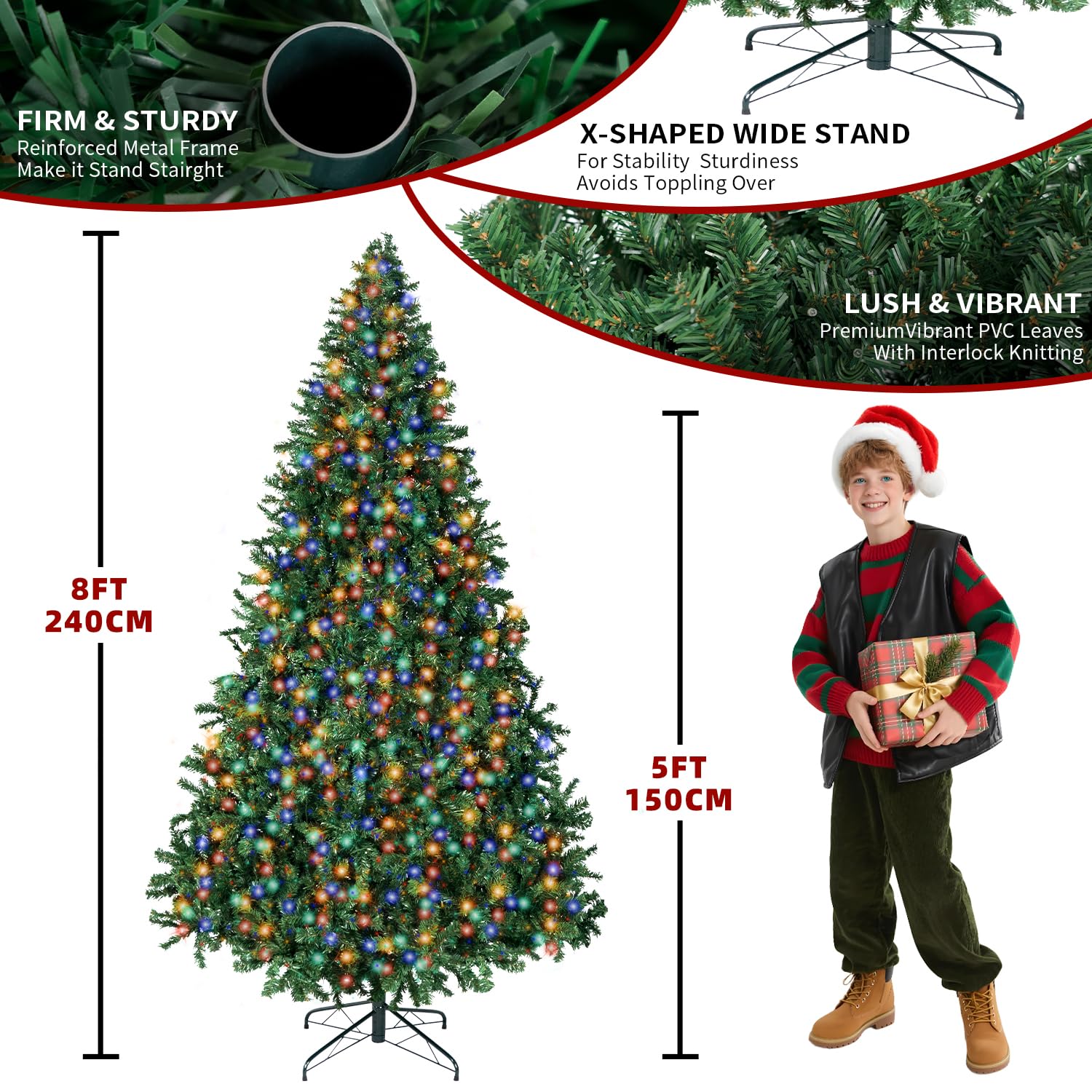 8FT Christmas Tree with Lights,Artificial Christmas Tree with 750 LED Lights and 2168 Branch Tips,Xmas Tree with Foldable Stand