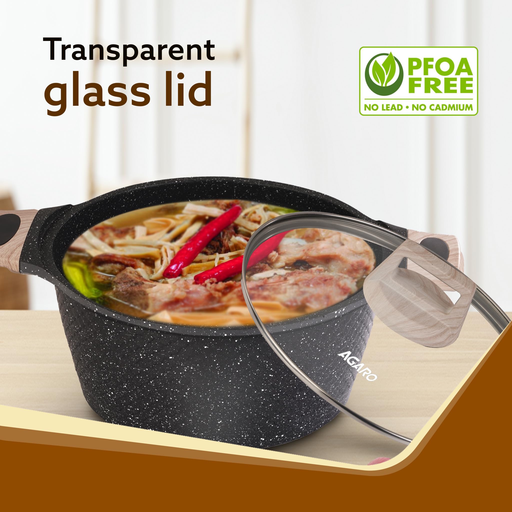 Agaro Imperial Granite Non Stick Casserole With Glass Lid, 4 Litre/24Cm, Cast Aluminium Body, Stew Pot, Biriyani Pot, Rice Pot,