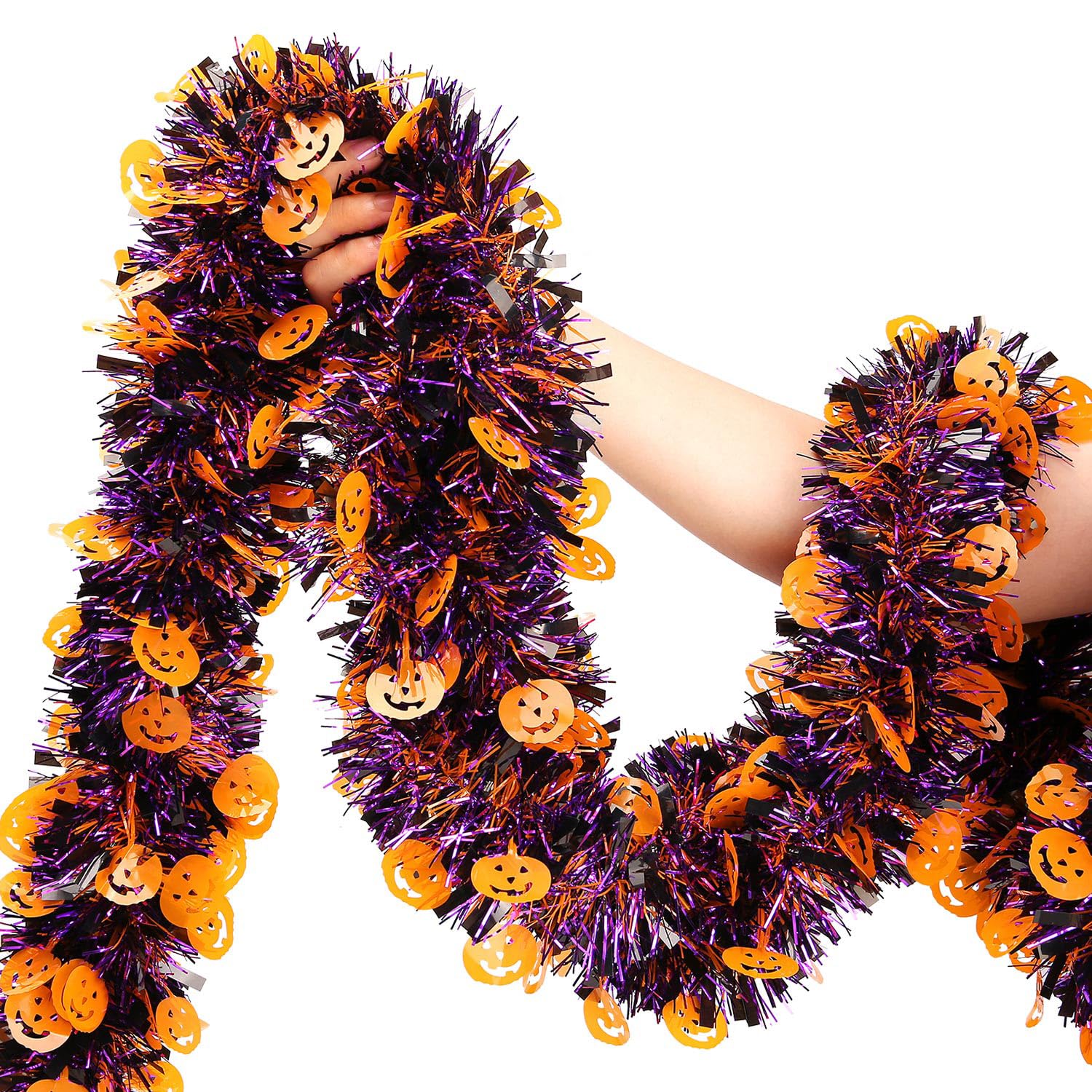 Halloween Garland Decor,33Ft Glitter Tinsel Pumpkin Garland Decorations for Tree Car Golf Cart Parade Float Bike Indoor Outdoor 