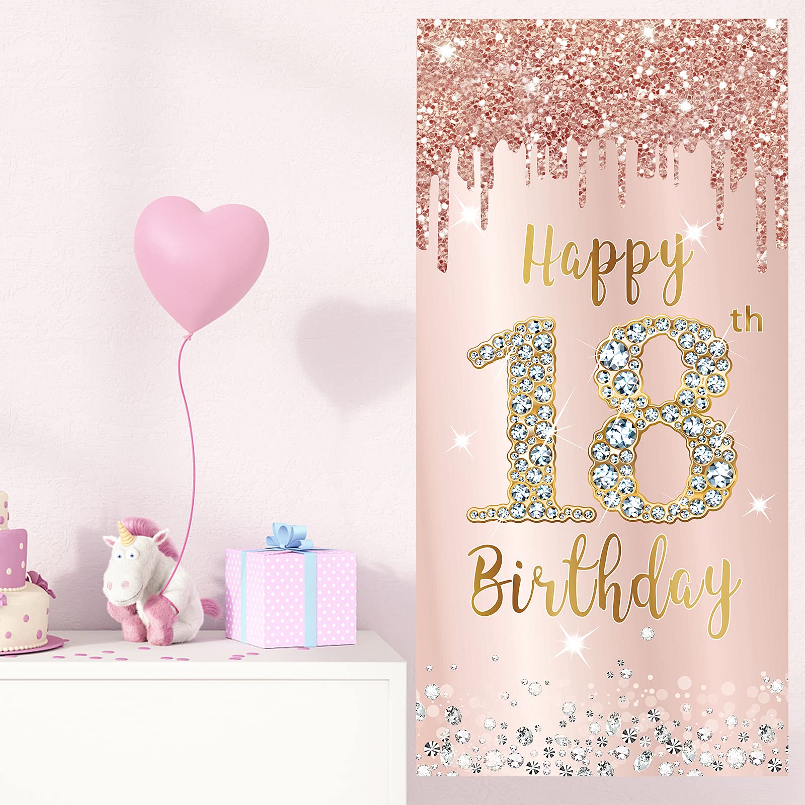 Happy 18Th Birthday Door Banner Backdrop Decorations For Girls, Pink Rose Gold 18 Birthday Party Door Cover Sign Supplies, Eight
