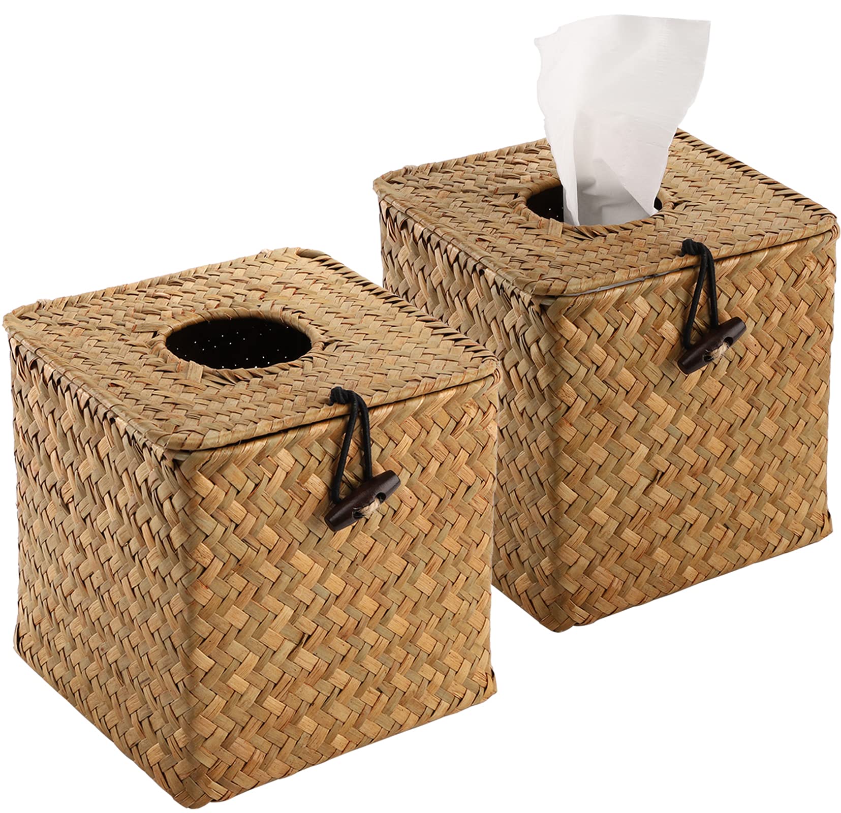 Yesland 2 Pack Square Seagrass Facial Tissue Box - Decorative Woven Paper Holder Napkin Dispense - 5 X 5 X 5 Inches Rattan Tissu