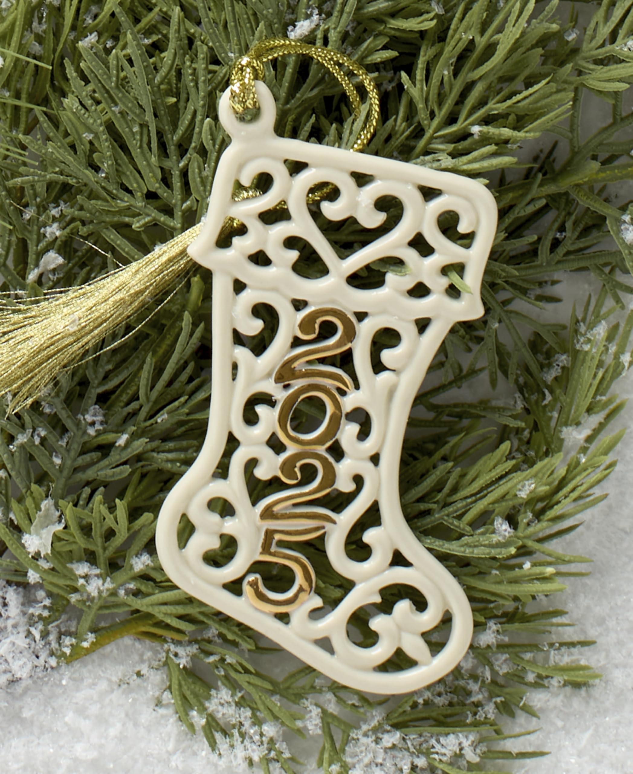 Lenox Ornament, 2025 A Year to Remember Stocking Ornament, Porcelain with Gold Accents and Gold Cord for Hanging, Tree Decoratio