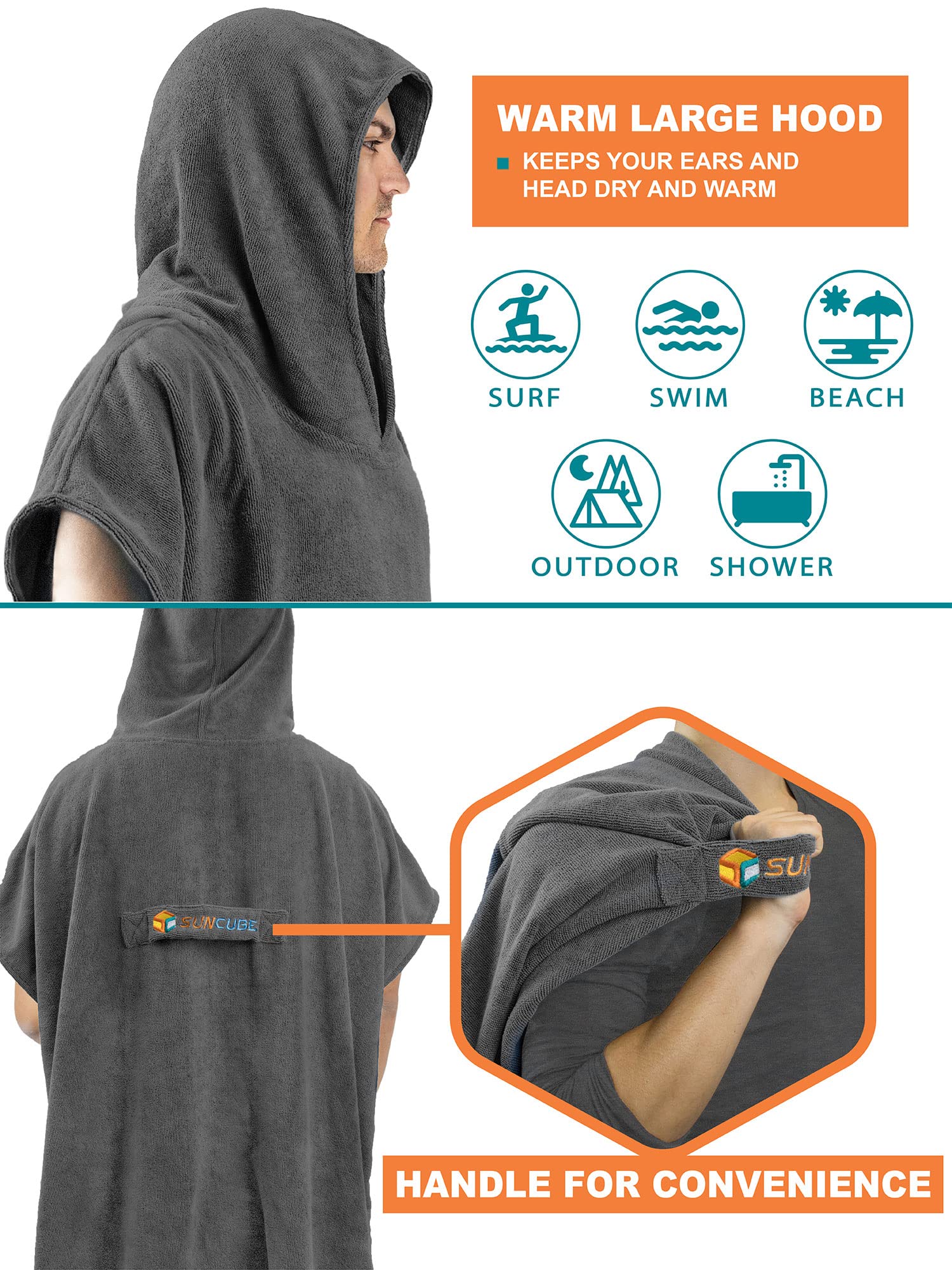 SUN CUBE Surf Poncho Changing Robe with Hood  Thick Quick Dry Microfiber Wetsuit Changing Towel for Surfing Beach Swim Outdoor Sports Men  Absorbent Wearable Towel Cover Up with Pocket  Gray