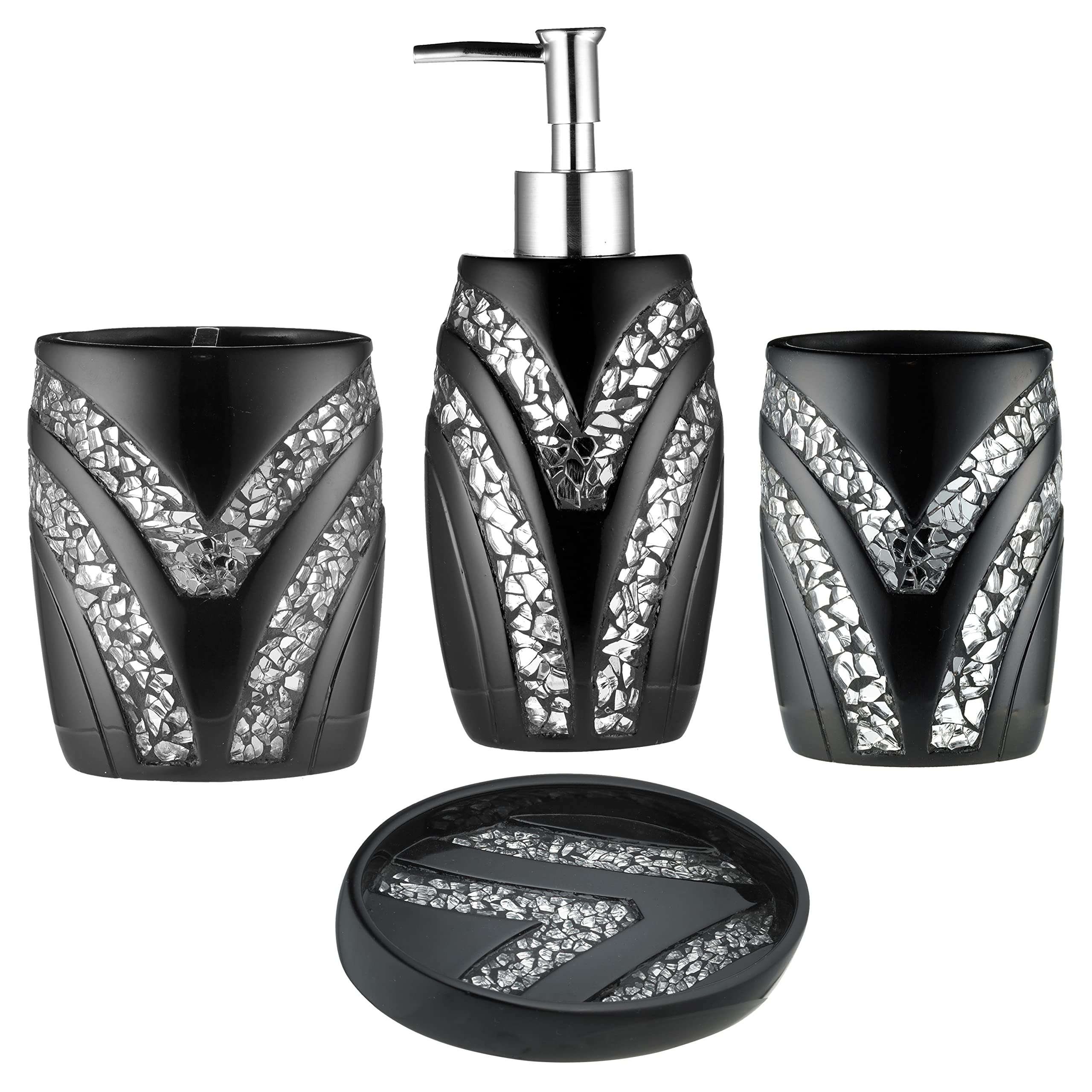 Zahari Home 4Pc Sinatra Stylish Bathroom Accessories Set Black Soap Dispenser/Lotion Pump, Tumbler, Tooth Brush Holder And Soap