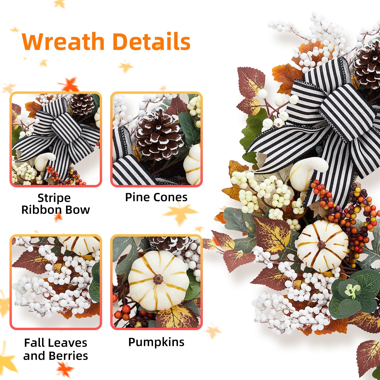 GarveeHome 20 in Fall Wreaths for Front Door, Fall Decorations for Home Pumpkin Wreath with Bow Leaves Pine Cones, Autumn Wreath