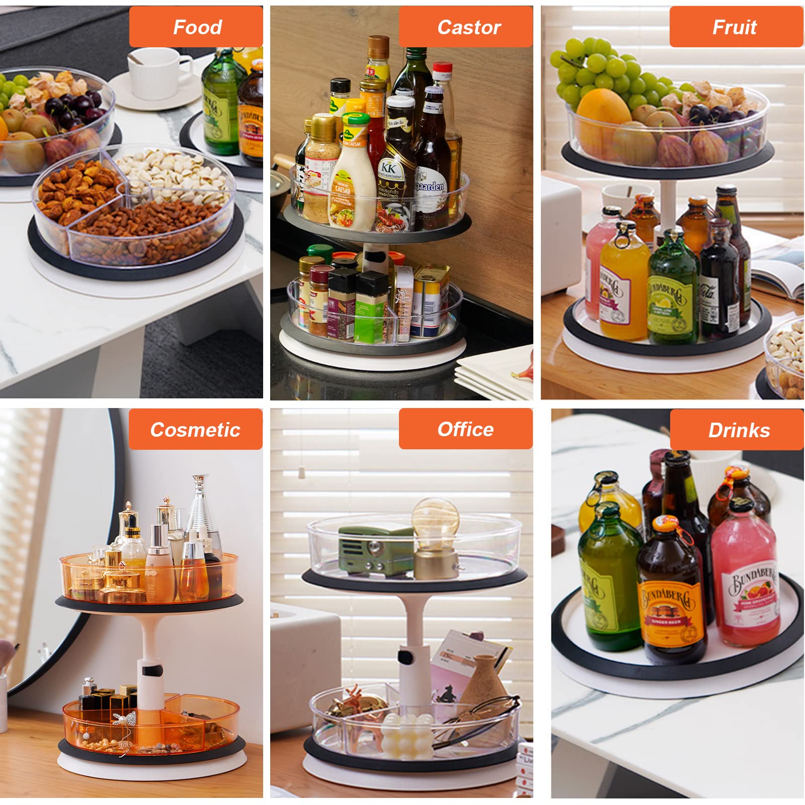 2 Tire Turnable Organizer,11 Inches Clear Organizer,Height Adjustable Rotating Cabinet Organizer,Non-Skid Spice Rack for Kitchen