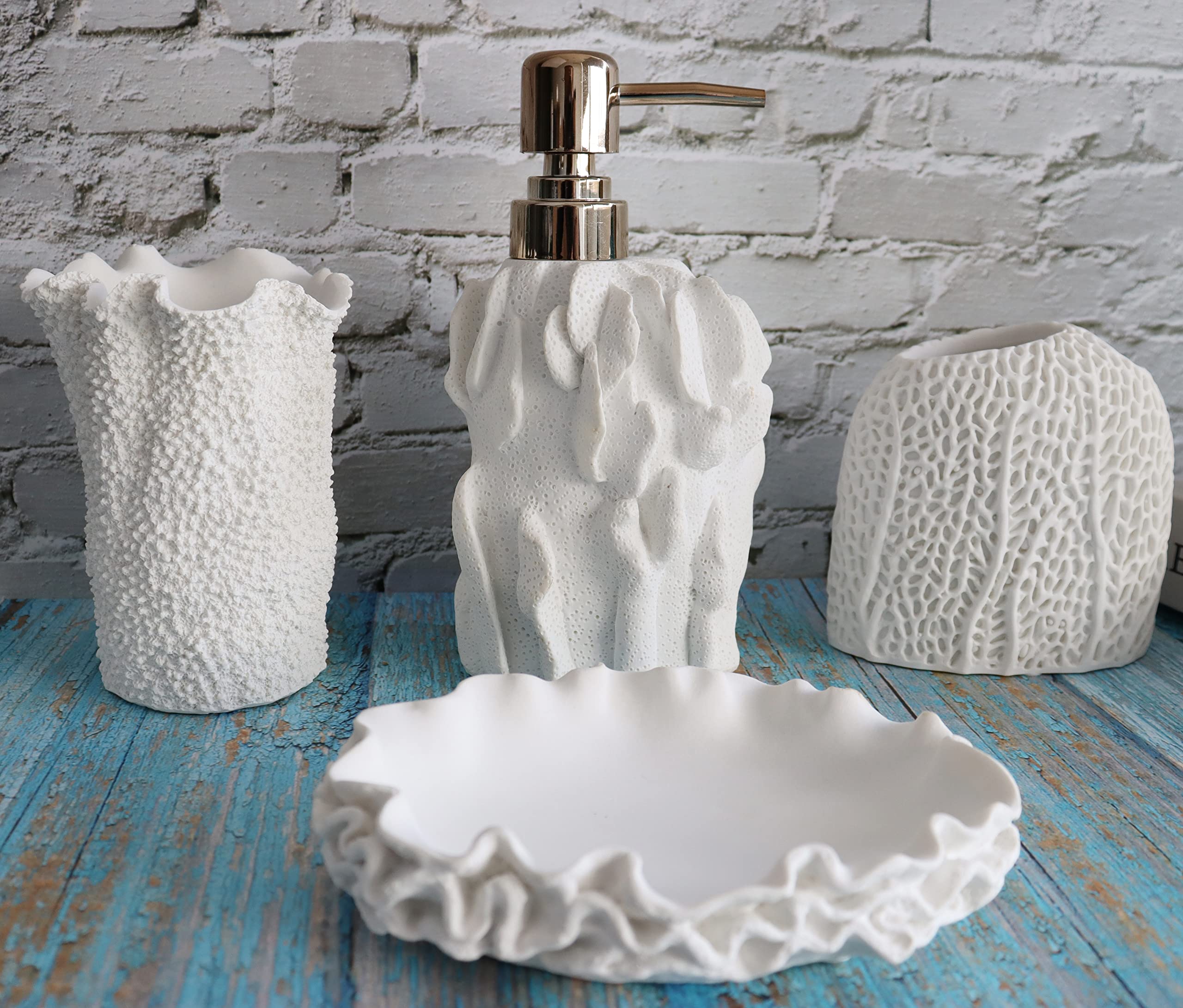 Hymmah Bathroom Accessories Set Coral Seashell Design Toothbrush Holder Farmhouse Bathroom Decor 4 Pcs Resin Gift Set Apartment Necessities  Contain Toothbrush Cup Soap Dispenser Soap Dish Tumbler