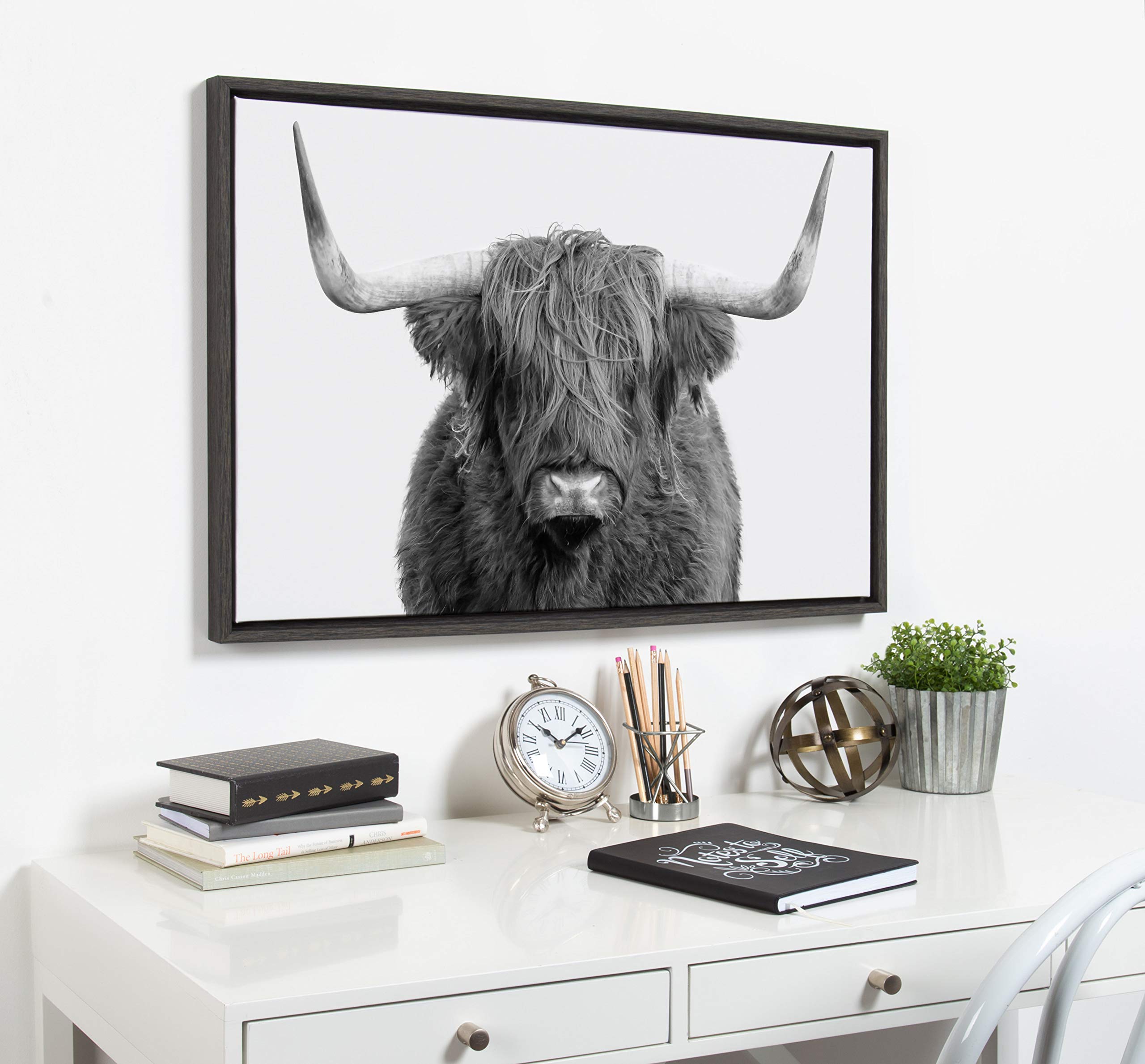 Kate And Laurel Sylvie Highland Cow Framed Canvas Wall Art By Amy Peterson, 23X33 Gray, Rustic Wall Decor For Living Room, Bedro
