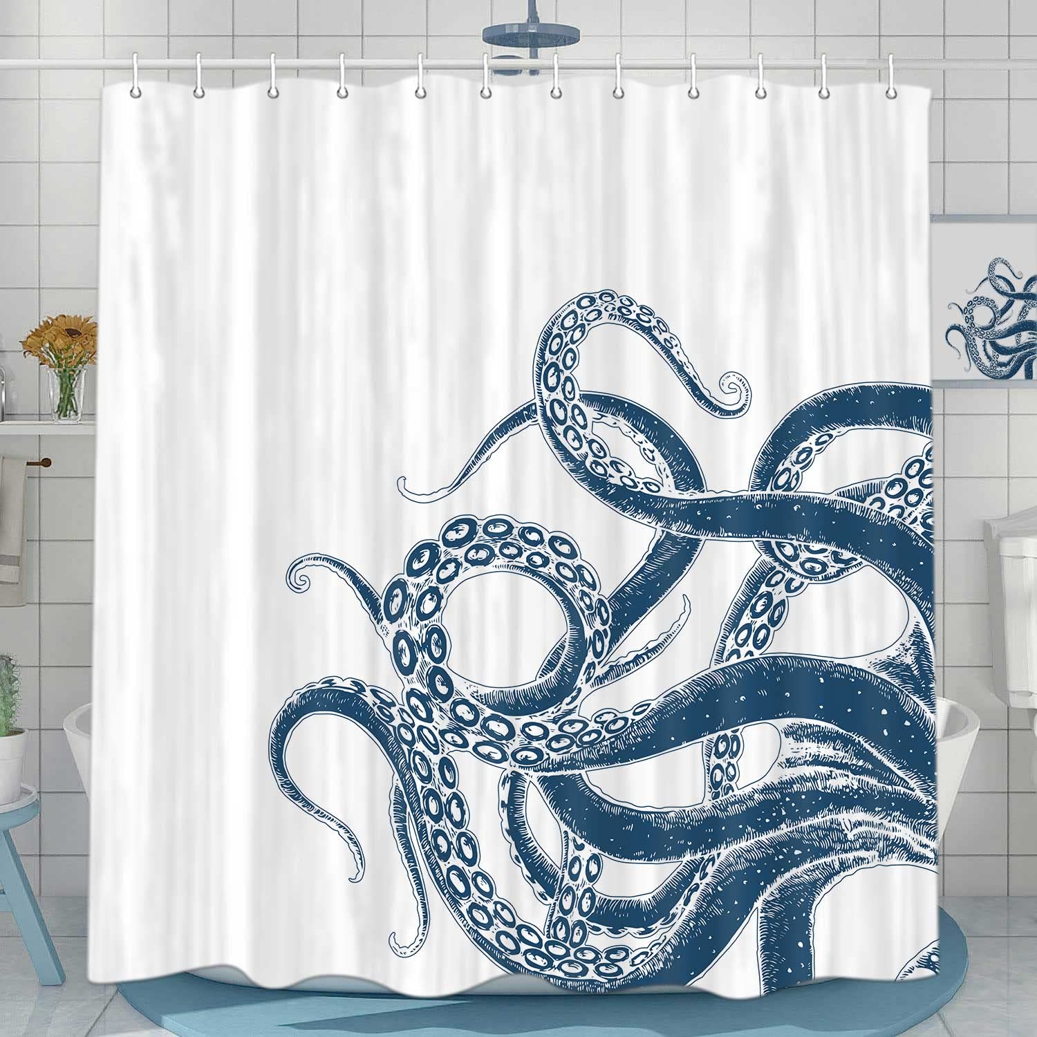 Veigike Octopus Decor Shower Curtain For Bathroom, Funny Blue And White Sea Monster Kraken Animal Fabric Shower Curtains Set, Un