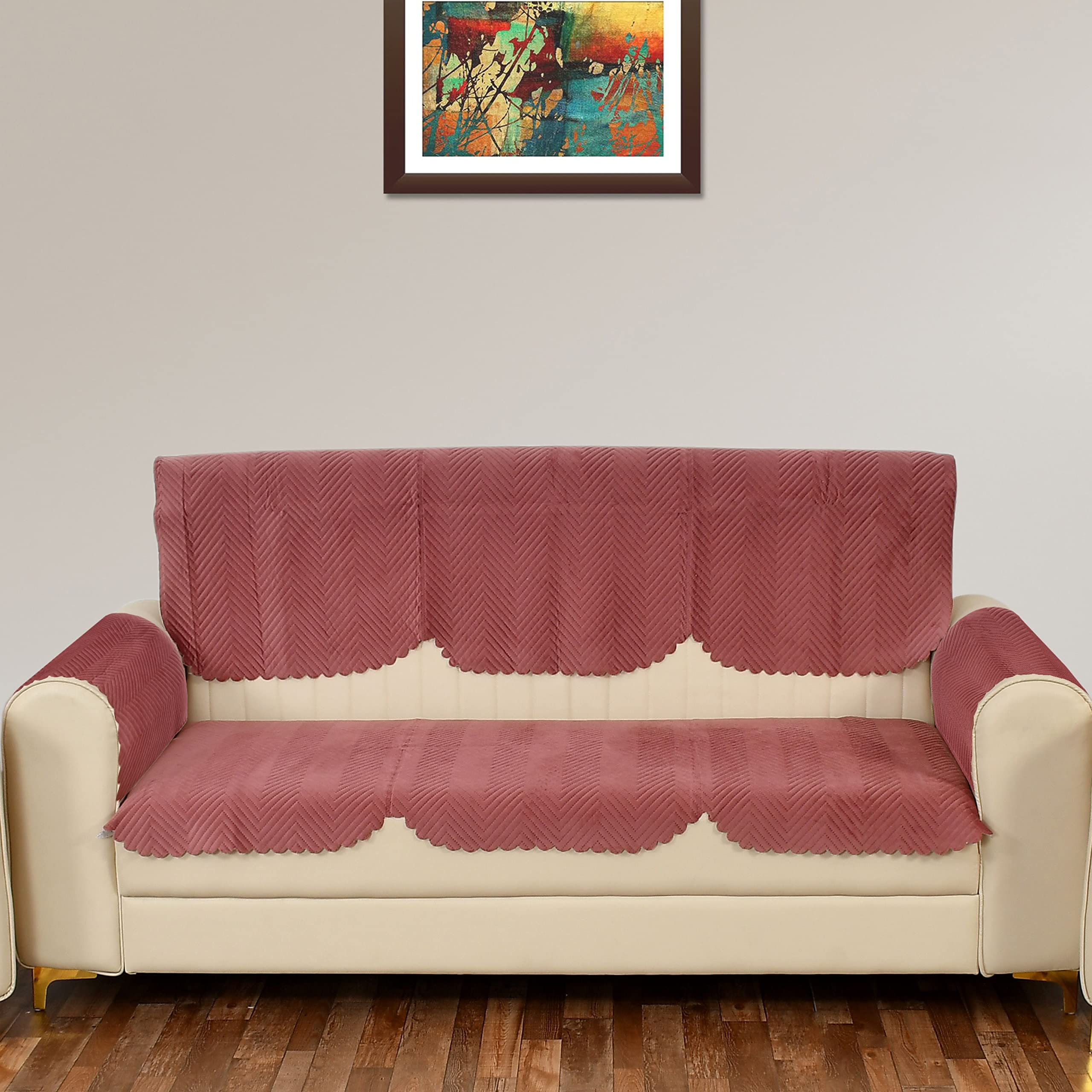 Yellow Weaves 3 Seater Quilted Sofa Cover And Chair Cover With Arm Cover, Seat & Back Cover, Color - Rose Gold Velvet