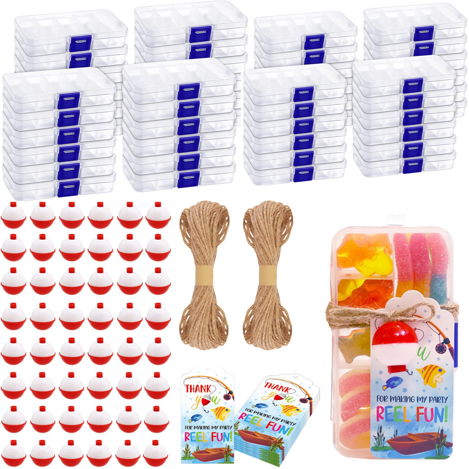 48 Set Fishing Candy Little Tackle Boxes for Birthday Party Favors with 48 Fishing Bobber 48 Thank You Cards for Making My Party