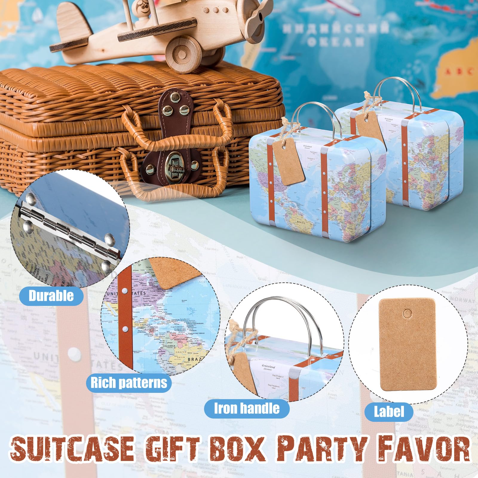 24 Pieces Mini Suitcase Boxes, Tin Plate Candy Party Favor Gift, Small Suitcase Box for Party Wedding Travel Bride Shower Decora