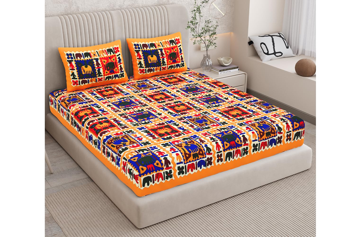 Queenie 100% Pure Cotton Jaipuri Bedsheet With Pillow Covers | Soft & Breathable Fabric | Traditional Floral Print | Cotton Beds