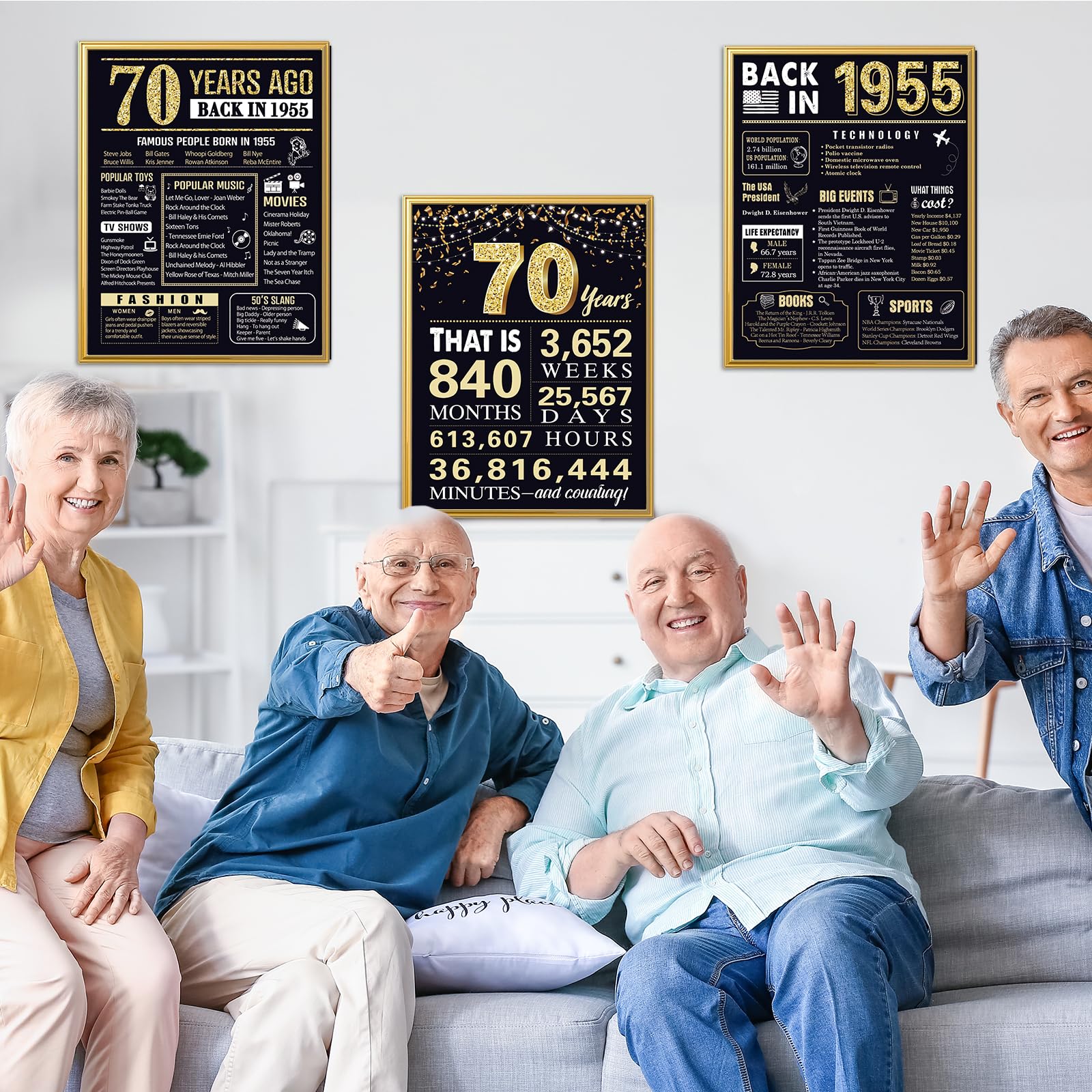 70 Years Ago 70th Birthday Wedding Anniversary Poster 3 Pieces 11 x 14 50s Party Decorations Supplies Large Sign Home Decor Black & Gold Wall Art Prints for Men and Women (Back in 1954-70 Years)