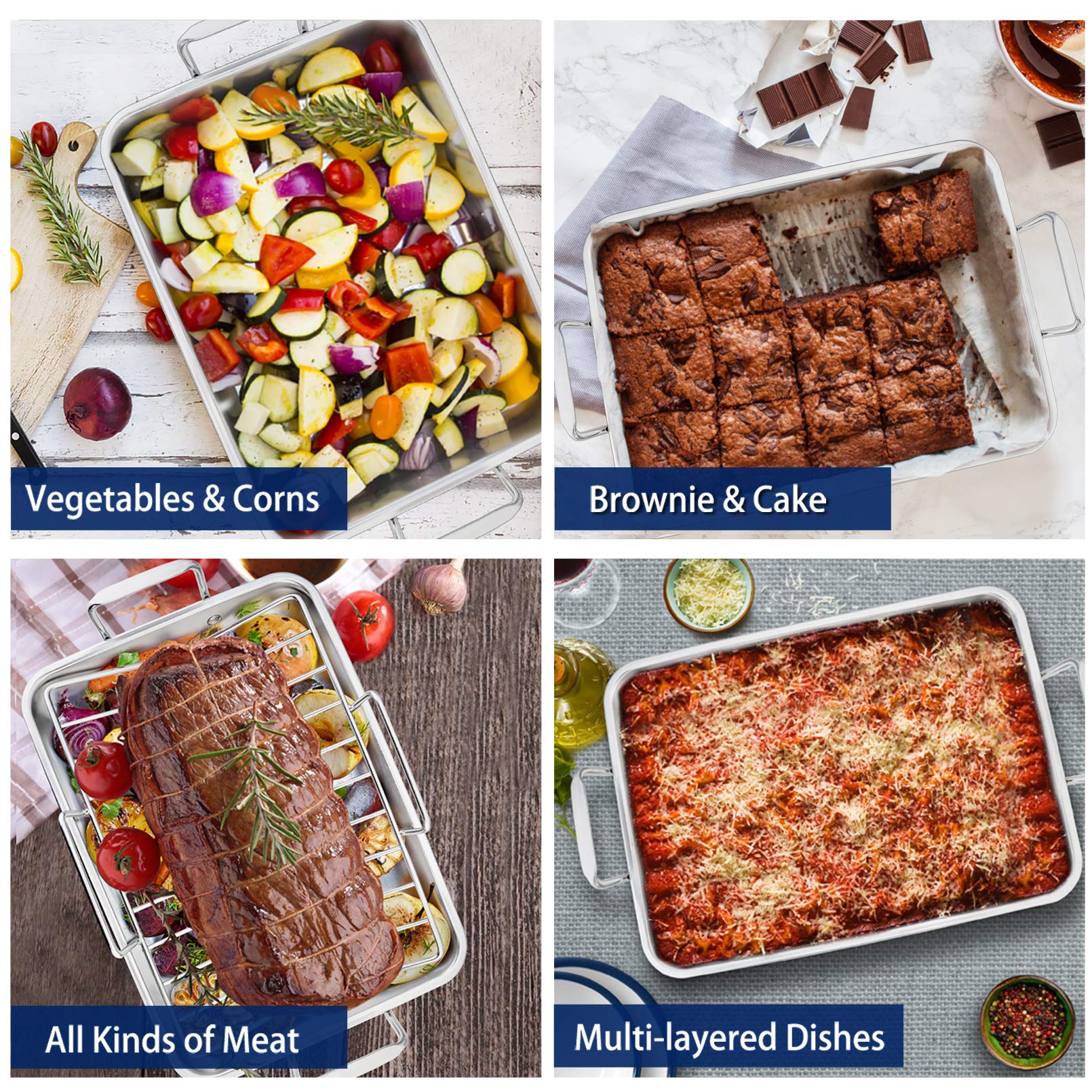 16    Roaster Roasting Pan With Baking Rack And V-Shaped Rack, P&P Chef Stainless Steel Rectangular Lasagna Pan With Handles For