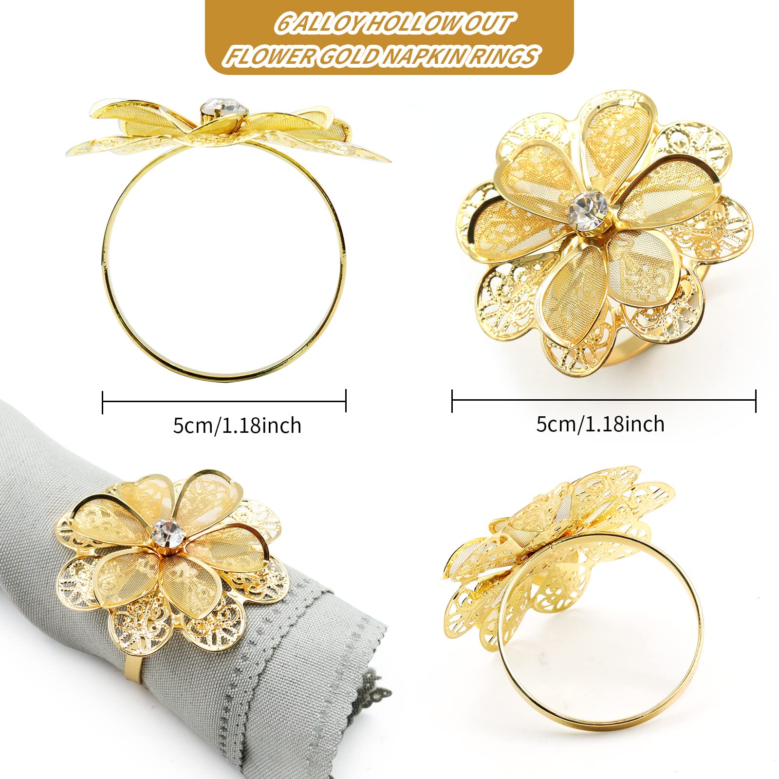 Kakaluote Christmas Napkin Rings Set Of 6,Hollow Out Flower Napkin Ring Holder For Wedding Decor,Banquet,Christmas Dinner Party,