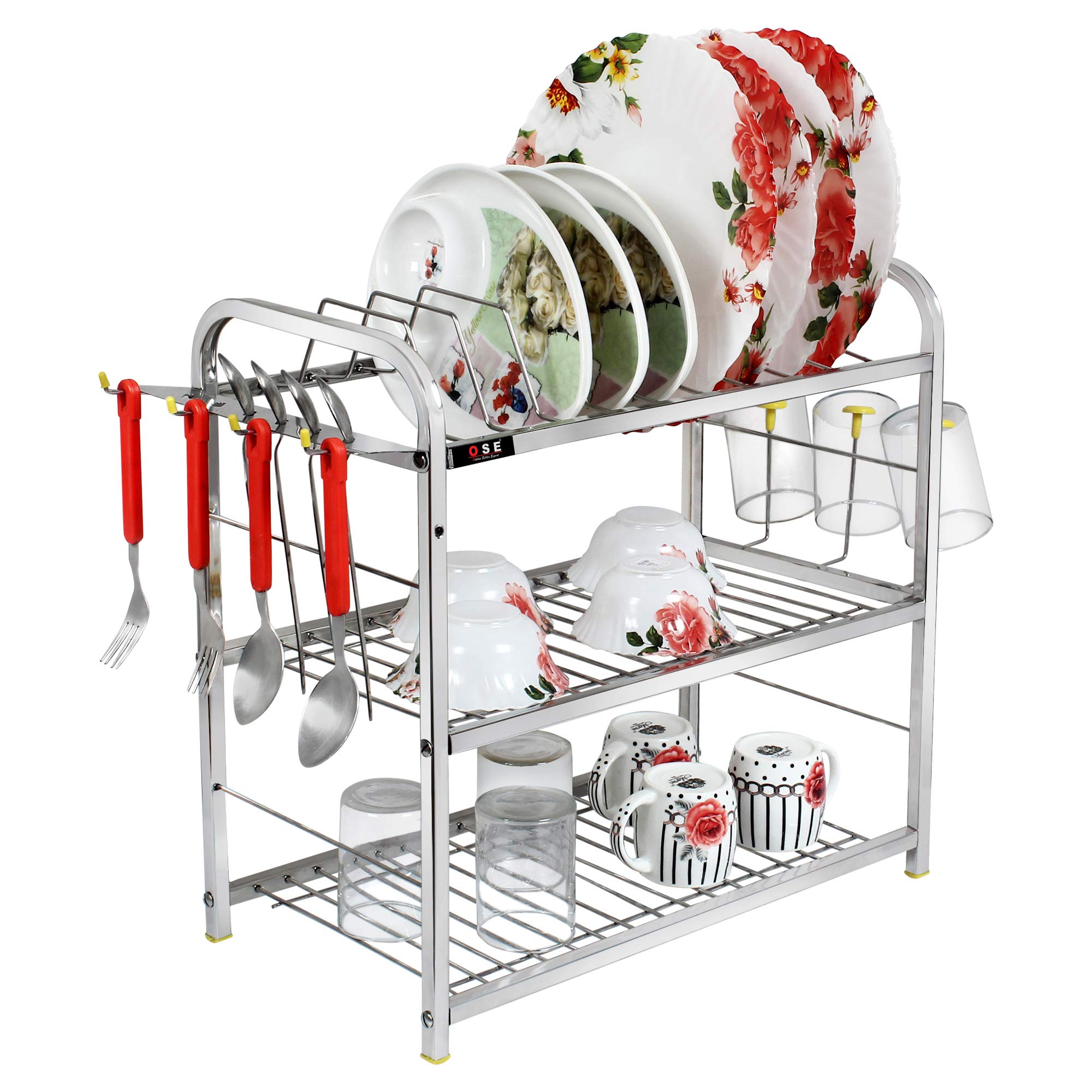 Ose 3Shelf Kitchen Dish Rack | 18X18 Inch Stainless Steel Dish Dryer | SpaceSaving Plate & Utensil Organizer | Modern Design W