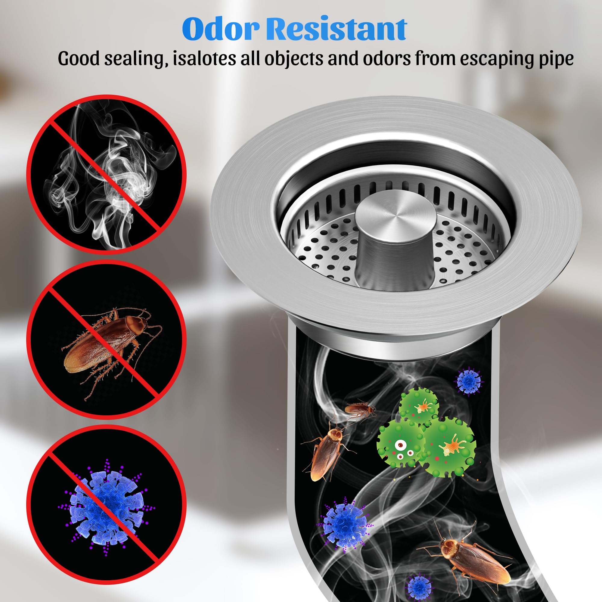 Ninjatiger Kitchen Sink Drain Strainer - 2 Pack 3-In-1 Stainless Steel Pop Up Sink Stopper Sink Strainer Basket Sink Stopper Fil