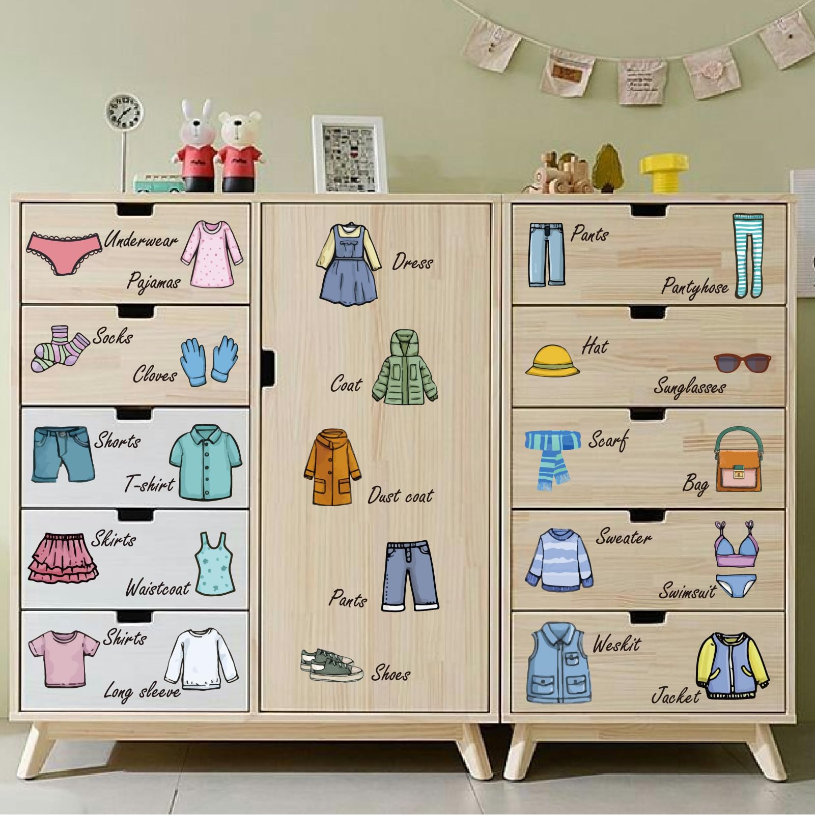 PRESSINART 4 Pcs 4 Styles Dresser Clothing Decals Stickers for Dresser Drawers PVC Self-Adhesive Clothes Storage Classification 