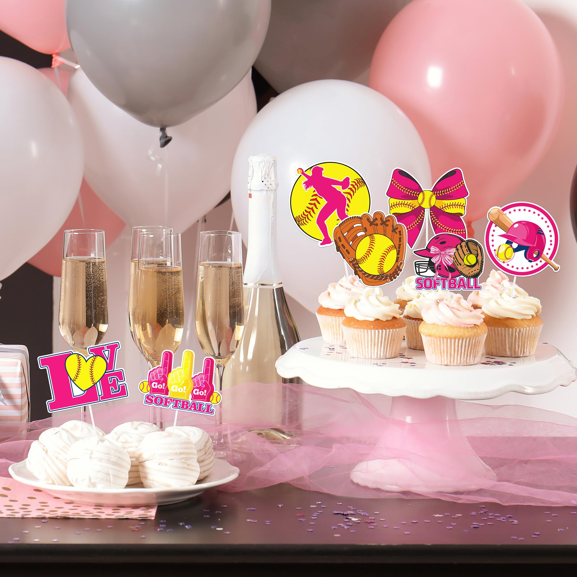 Hokinaa Softball Cupcake Toppers Decorations - 24 Pcs Sports Theme Birthday Cup Cake Topper Picks, Pink Yellow Baseball Sport Ta