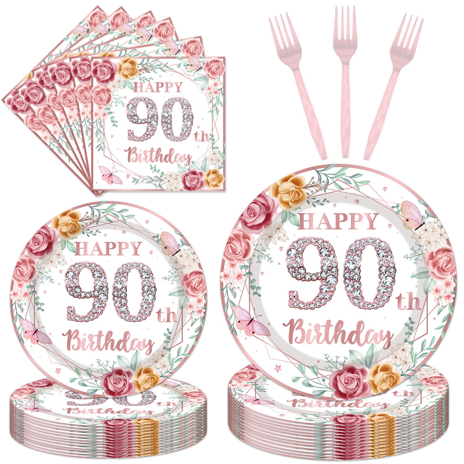 96Pcs 90th Birthday Party Decorations for Women Disposable Tableware Set -Rose Gold Floral Happy 90th Birthday Paper Plates Napk