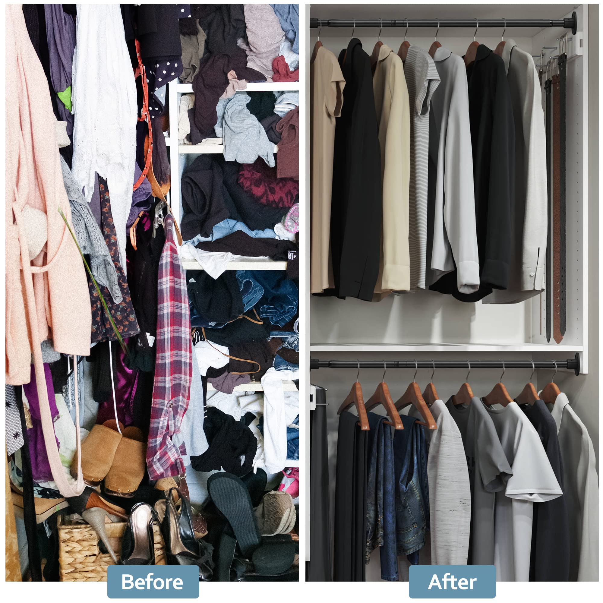 Hanging Closet Rod - 30-50Inches Space Saving Closet Rod Extender Hanging - Black Adjustable Clothes Hanging Bar, Stainless Stee