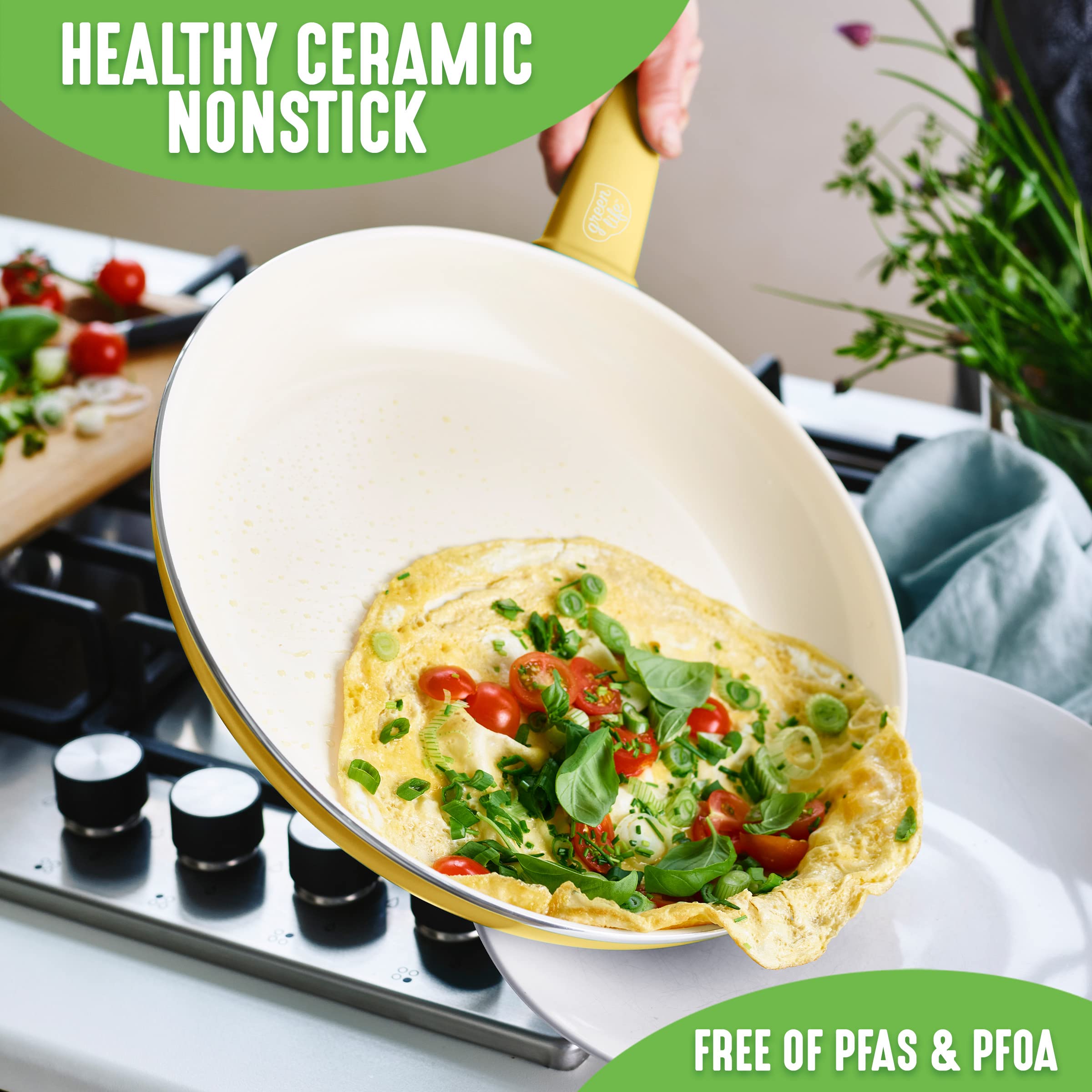 GreenLife Soft Grip Healthy Ceramic Nonstick, 16 Piece Cookware Pots and Pans Set, PFAS-Free, Dishwasher Safe, Yellow