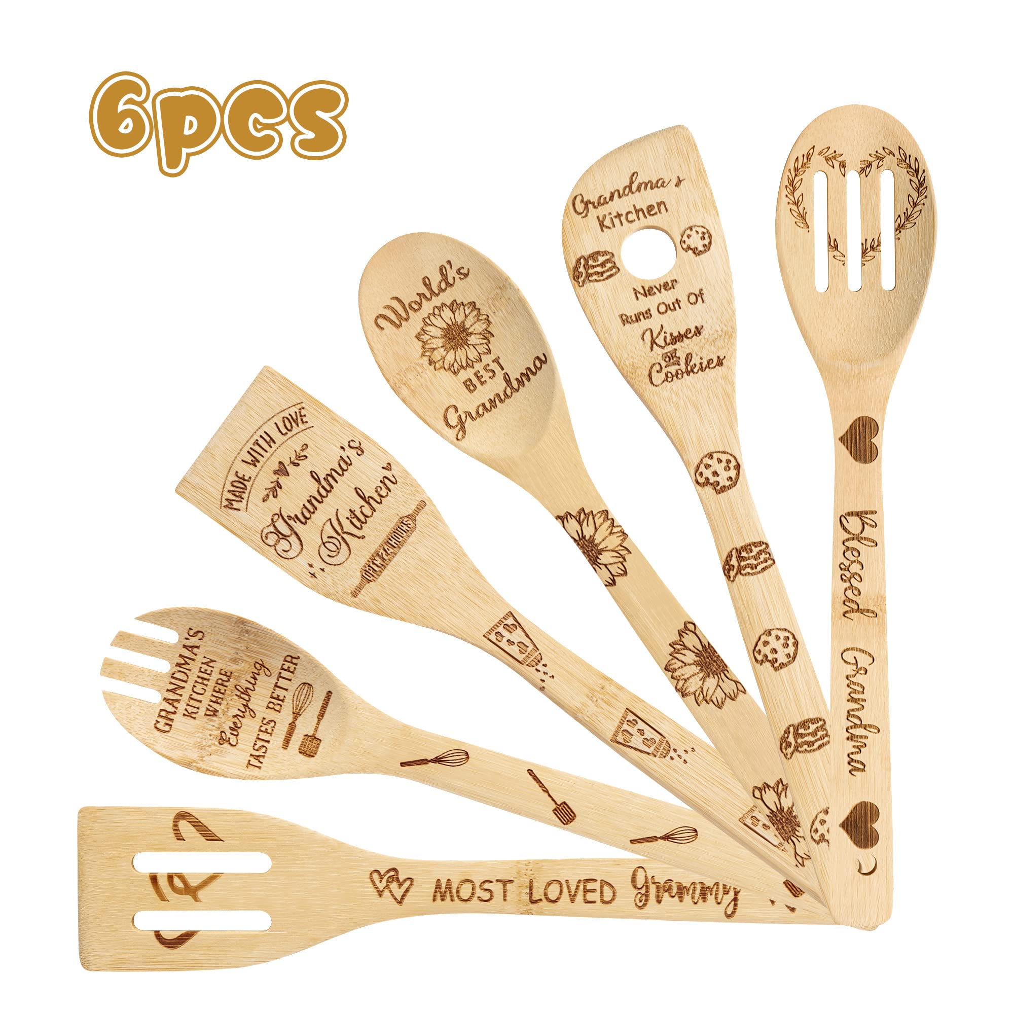 Haooryx 6Pcs Grandma Bamboo Spoons Utensils Set Best Grandma Cooking Utensils Non-Stick Spoons Burned Bamboo Cookware Kitchen Ga