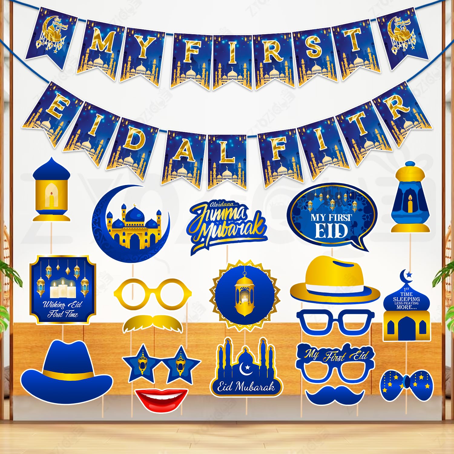 Zyozique My First Eid AlFitr Party Decorations Set, Blue & Gold Theme, My First Eid Paper Banner with Photo Booth Props, Eid Mu